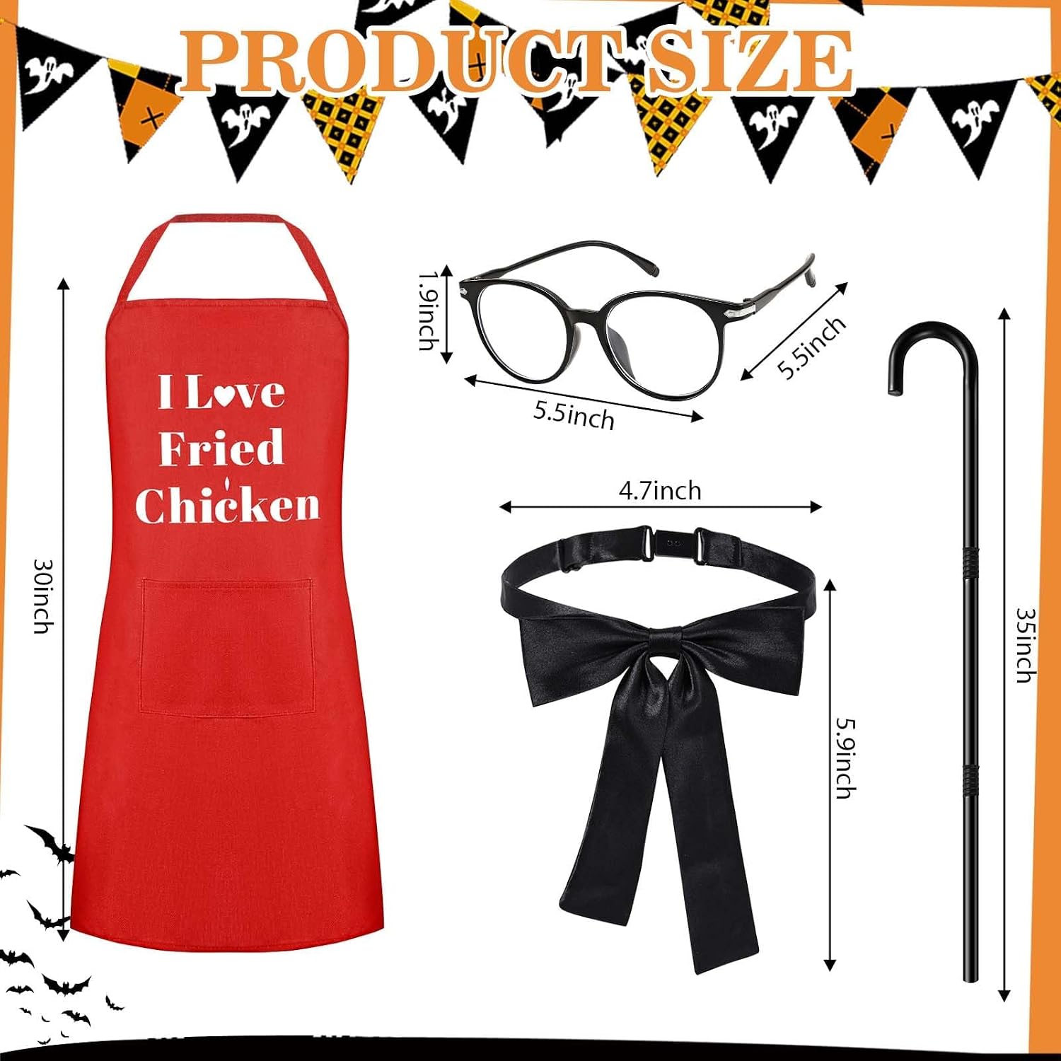 JcHrmers 6 Pcs Halloween Fast Food Costume Accessories Outfit Apron White Wig Mustache Eyebrows Glasses Tie Cane for Halloween Men Adult Chicken Cosplay Party Dress Up
