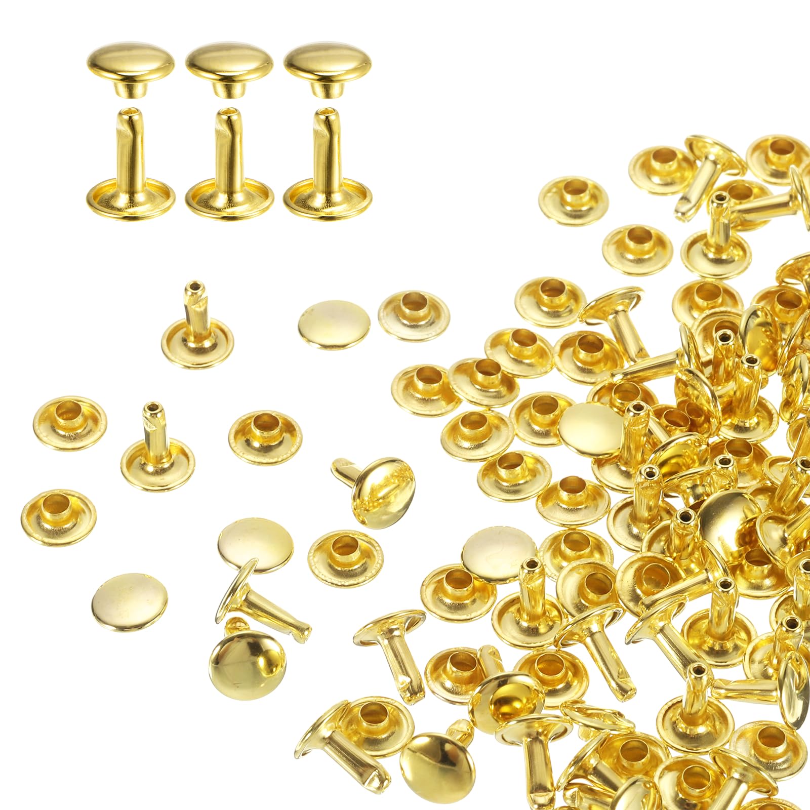sourcing map 80 Sets Double Cap Rivets 9x10mm Carbon Steel Round Head Snaps Studs Fasteners Tubular Metal Studs for Leather Craft Repairs Decoration, Gold