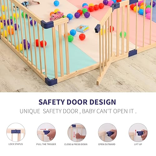 Miniatura 5 de Bonrcea Corral de juegos para bebés con valla de puerta parque de juegos de zona segura puerta de bloqueo madera natural 5905 x 7086 pulgadas sin