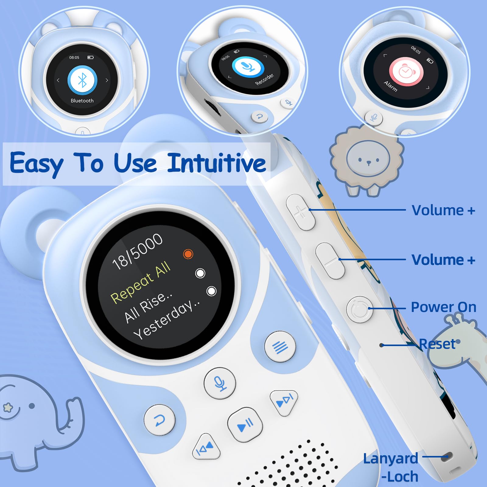 64GB MP3 Player Kids Bluetooth 5.3 con Altavoz para Auriculares Soporta Radio FM, Despertador, grabación con un botón, función cronómetro