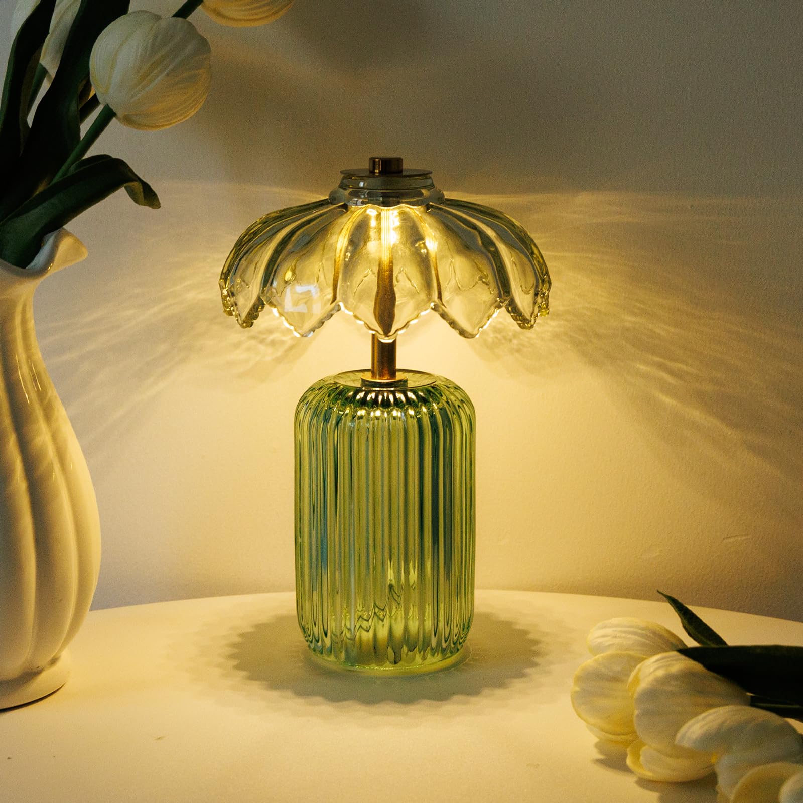 MJ PREMIER Cordless Lamp, Battery Operated Lamp with Timer, Crystal Glass Flower Lampshade, Small Table Lamps, Decorative Led Light for Bedroom Living Room Shelf (S-Green)