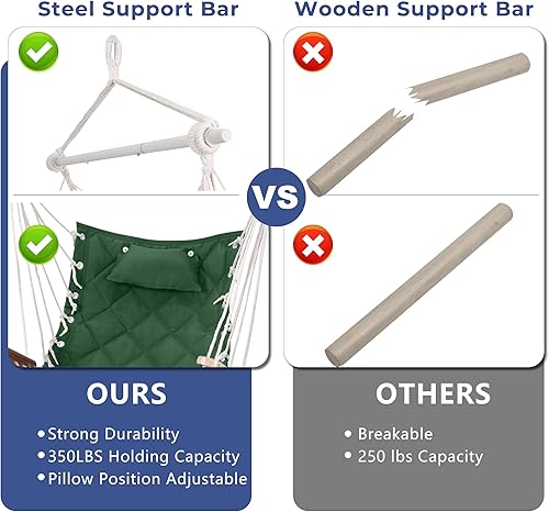 Miniatura 2 de Silla hamaca colgante con reposabrazos de madera barra separadora de acero, almohadas, kit de herramientas incluido tejido de algodón hasta 350