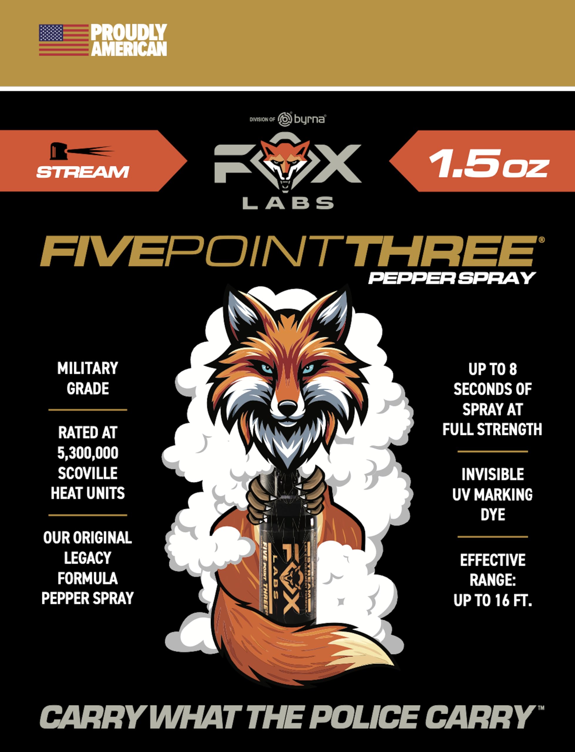 Fox Labs, Five Point Three 1.5 Ounce 2% OC 5.3-mm Flip Top Stream Pepper Spray |5.3 Million Scoville Heat Units (SHU) OC Pepper| Legacy Formula | - 1.5 oz