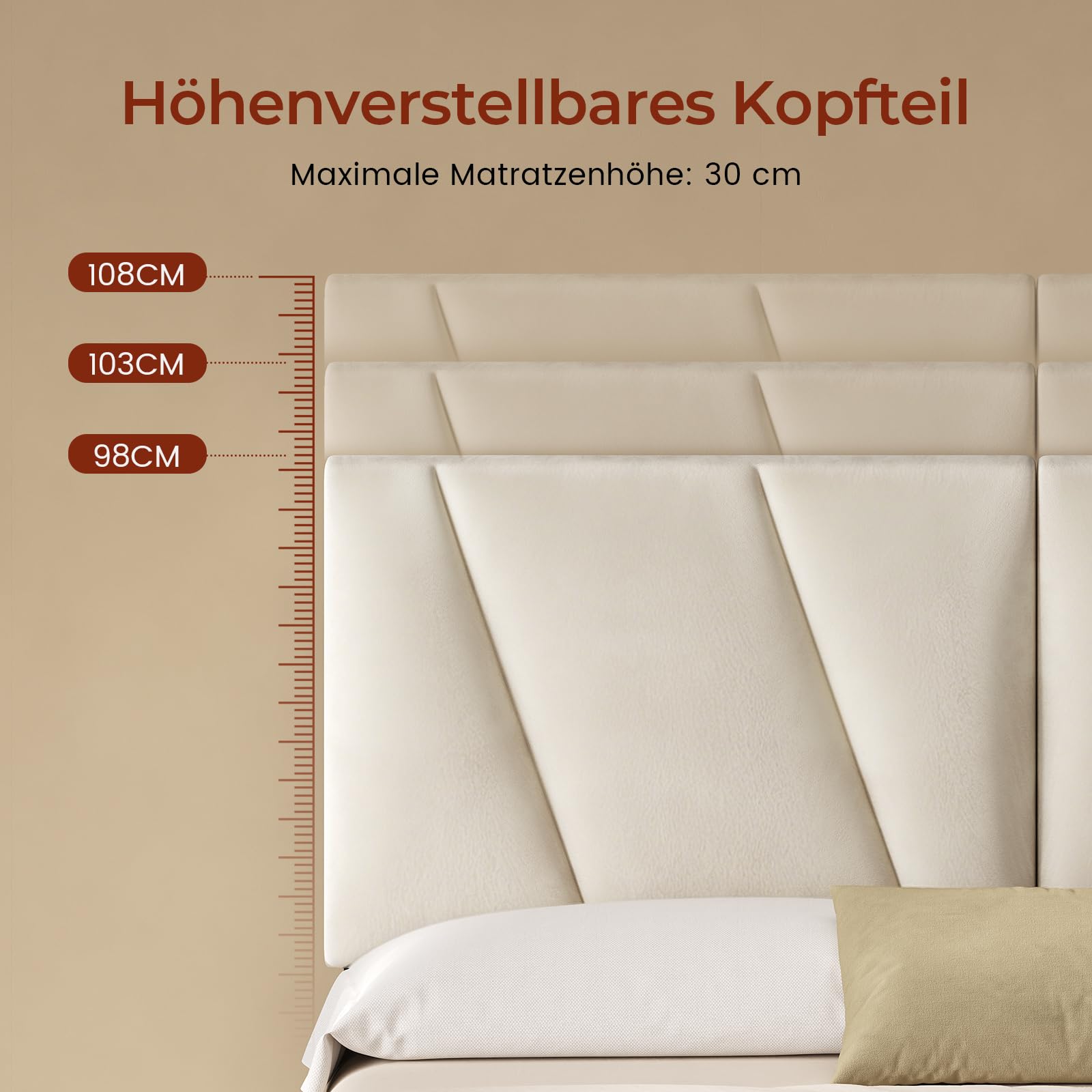 KIMENICH Bett 140x200, Samt Bett mit 4 Schubladen, Doppelbettgestell mit Steckdose & LED-Lichtband, 3-stufig höhenverstellbares Kopfteil, Schlafzimmer Stauraumbett, Beige Samt