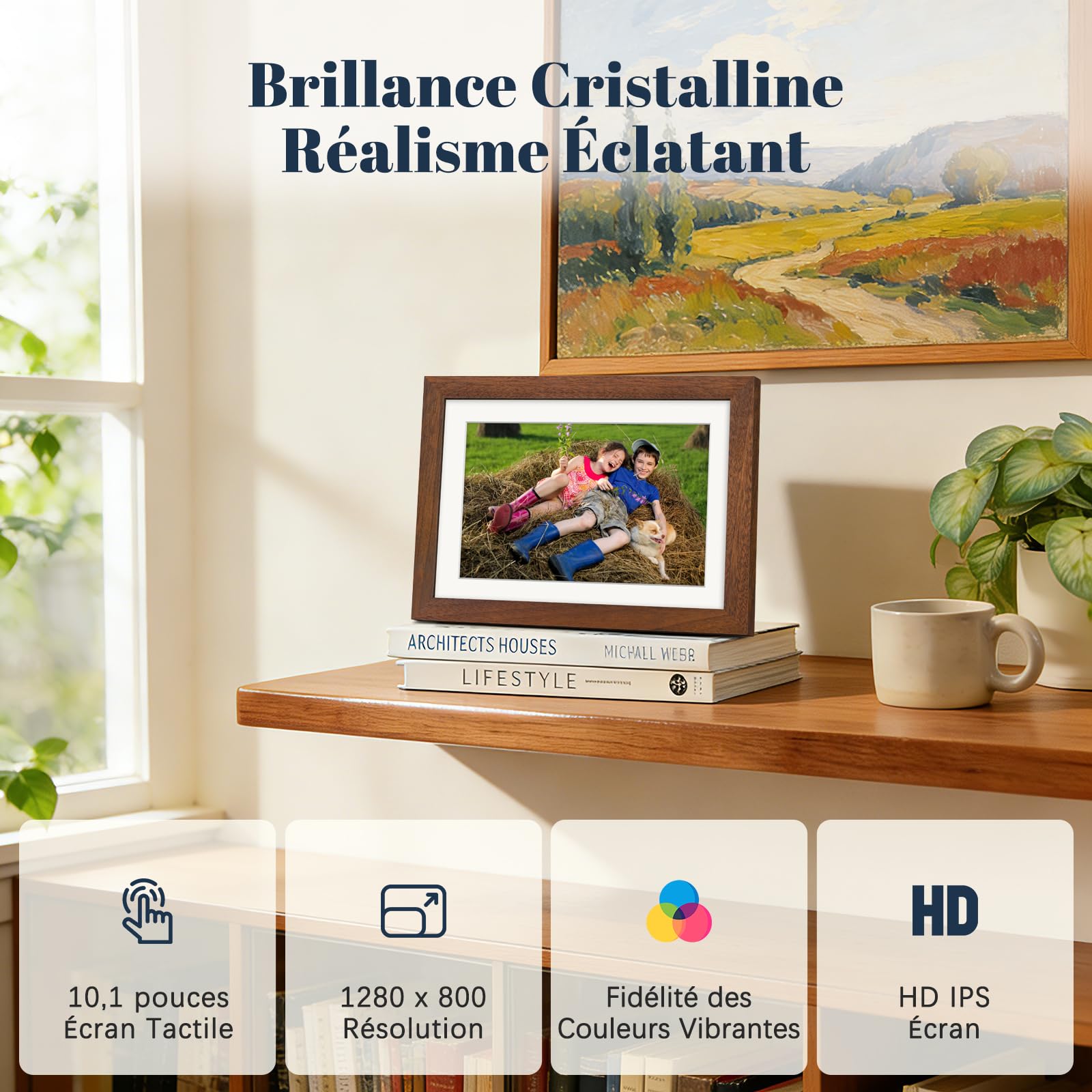 Frameo Cadre Photo Numérique WiFi 10.1 Pouces Noyer Bois Mémoire 32 Go, Écran Tactile HD IPS 1280 x 800, Auto-Rotation, Partage de Photos Vidéos Via Frameo APP/USB/SD, Cadeau Femme Homme
