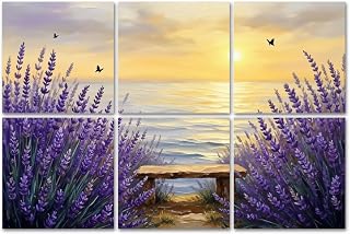 6 Pack Art Acoustic Panels Sound Absorbing Coastal Sunset Lavender Still Life Seascape Floral Beach Theme Decorative Soundproof Wall Panels Self Adhesive for Home Recording Studios 72"x48"