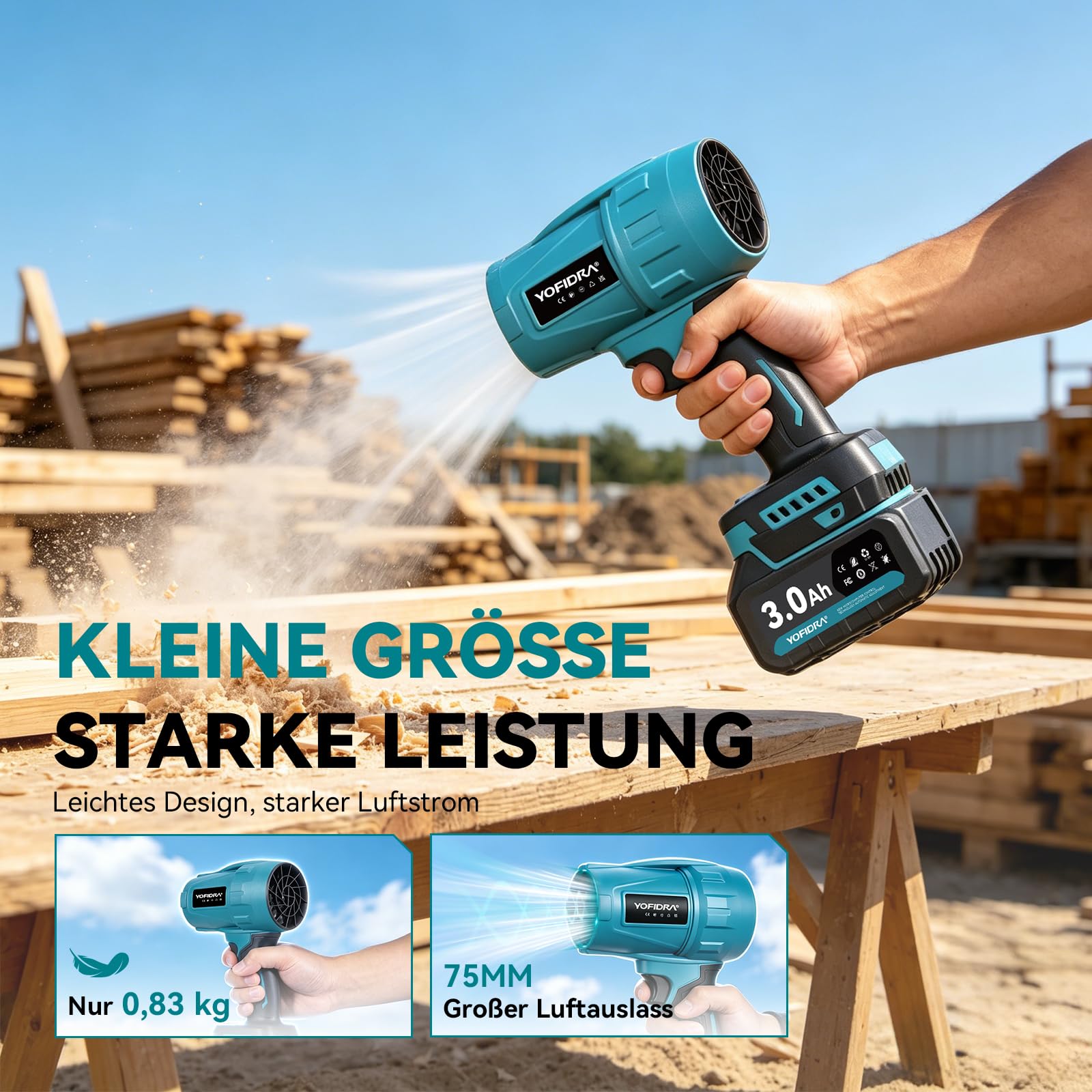 Yofidra Upgrade Turbo Gebläse Akku, Bürstenloses Laubbläser Akku, 300m/s Jet Fan mit 2 Akkus, 3 Gang, 4 Düsen, 33,000RPM Turbo Fan für Laubblasen Auto Laub, Schnee, Staub