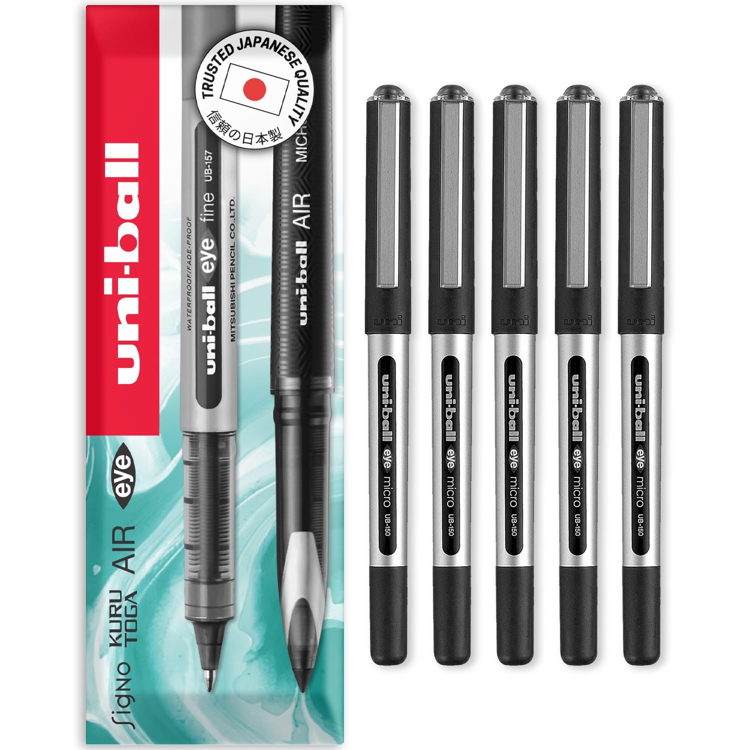 uni-ball Eye Micro UB-150 Rollerball Pens - Black, Pack of 5