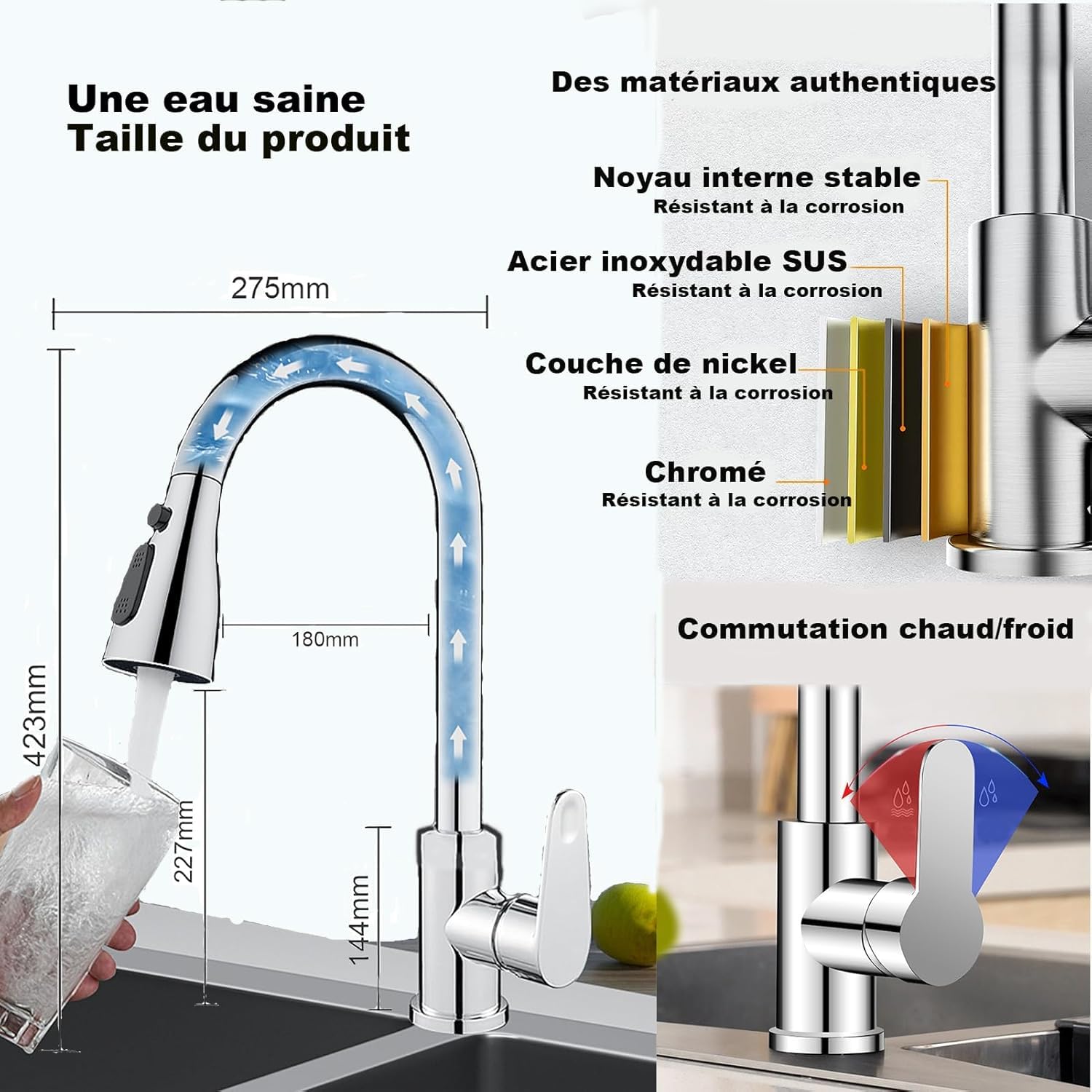 robinet de cuisine amovible, robinet de cuisine pivotant à 360°, mitigeur de cuisine en acier inoxydable à 3 modes, robinet haute pression pour évier de cuisine (chrome - grande tête)