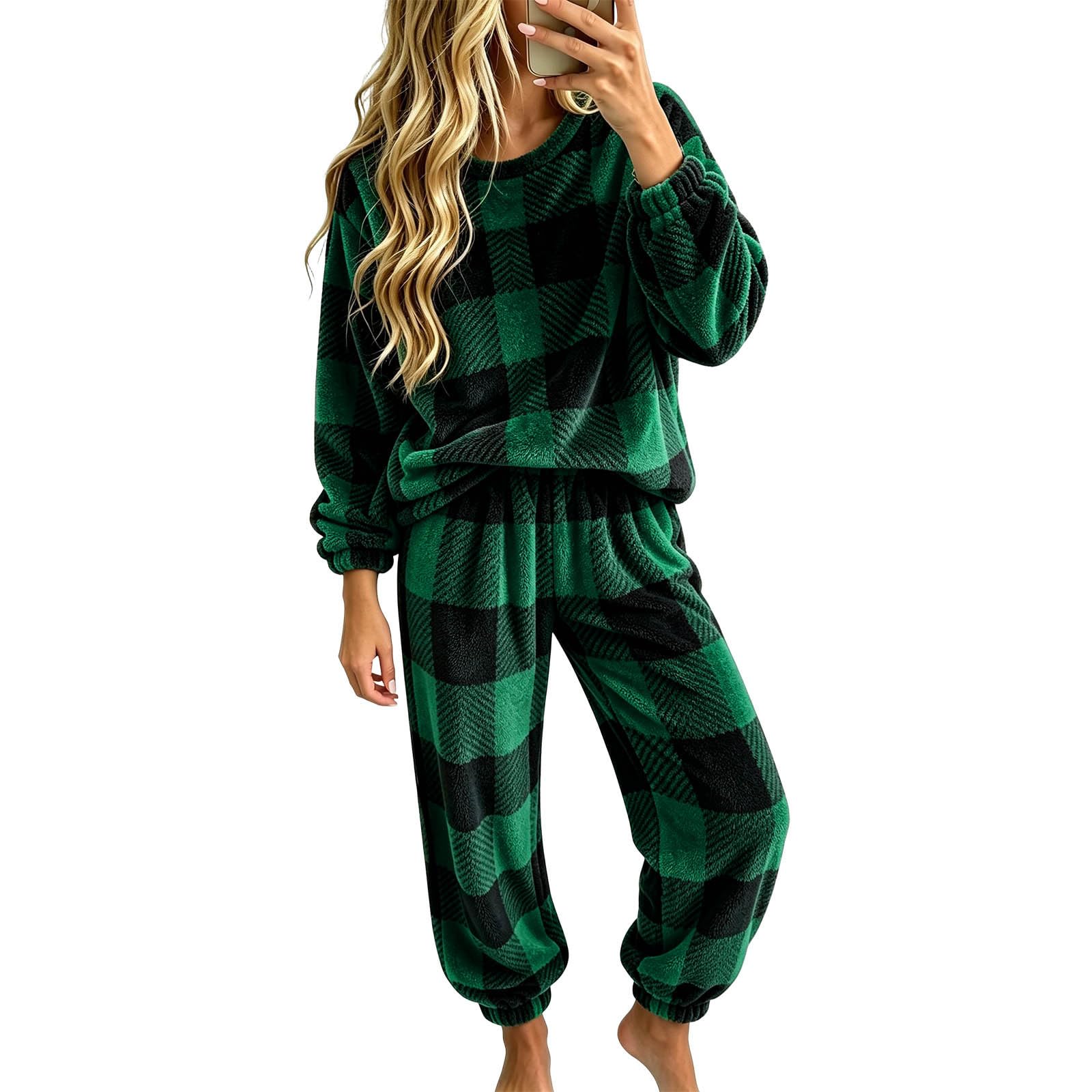 Ensemble 2 Pièces Pyjama Femme à Carreaux Flanelle Pull Col Rond Pantalon
