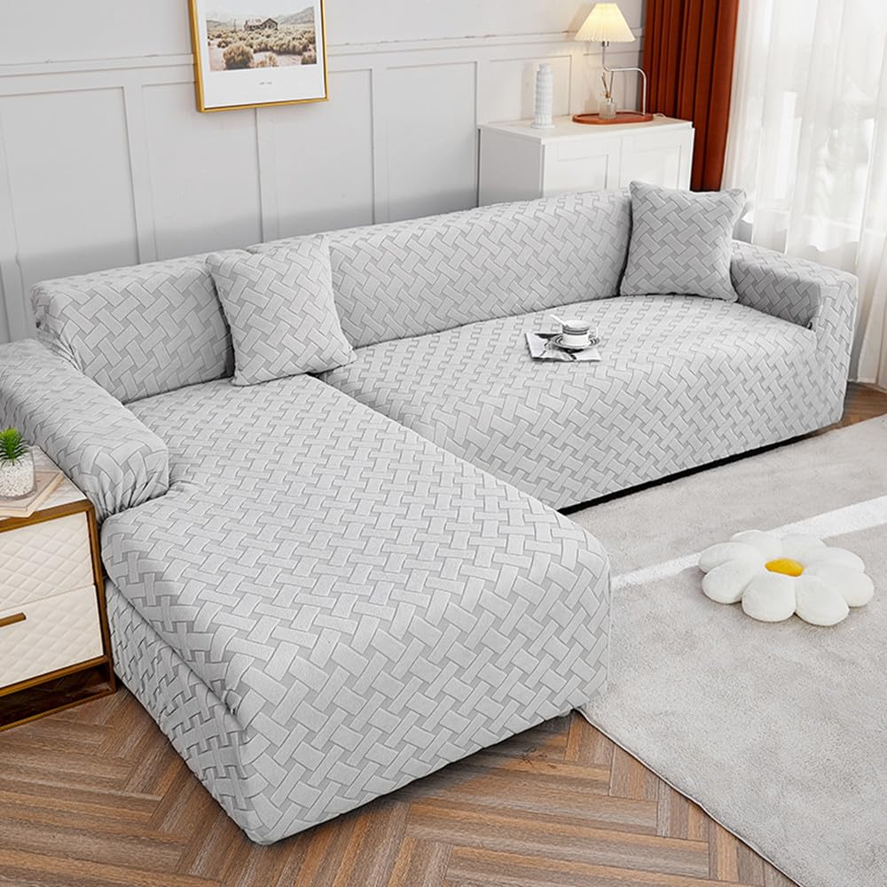 Housse canape d angle extensible velours gris clair facile a enlever