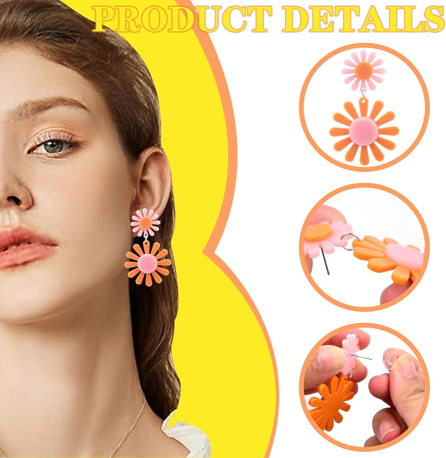 4Pcs 60s 70s Vintage Daisyflower Earrings Colorful Disco Hippie Spring Earring Studs Acrylic Boho Style Petal Layered Daisy Dangle Drop Earrings Jewelry Gifts for Women Ladies Mom Valentine's day - Image 5