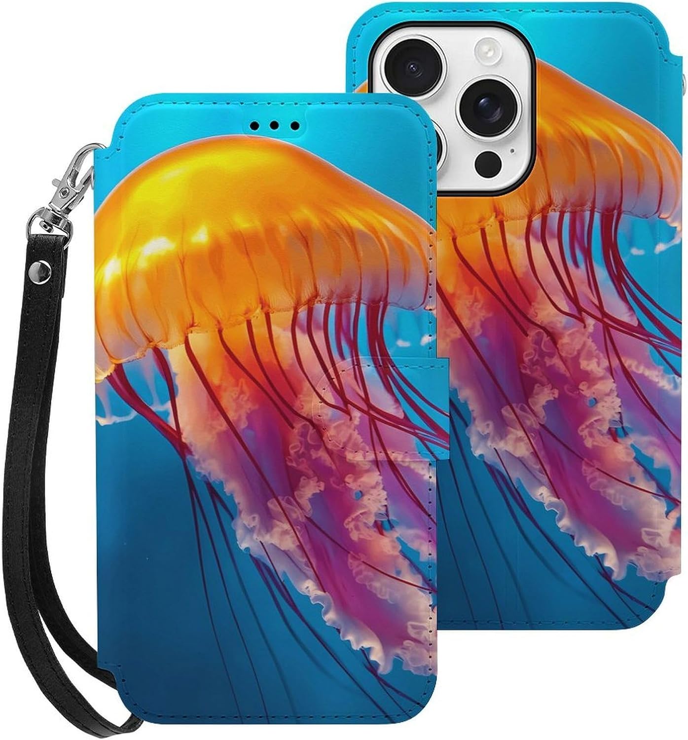 Jellyfish with Orange Body Compatible with iPhone 16/16 Plus/16 Pro/16 Pro Max/16 E Case Phone Wallet Card Holder Flip Cover with Wrist Strap