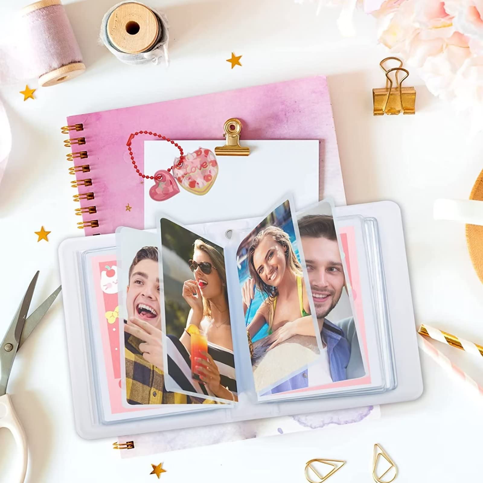 2 stuks mini-insteekalbum, 32 vakken, fotokaartenbinder, 7,5 cm, mini- fotoalbum, ID-houder, fotokaartenhouder in hartvorm voor het bewaren van foto's, identiteitskaarten, kaarten (blauw-wit