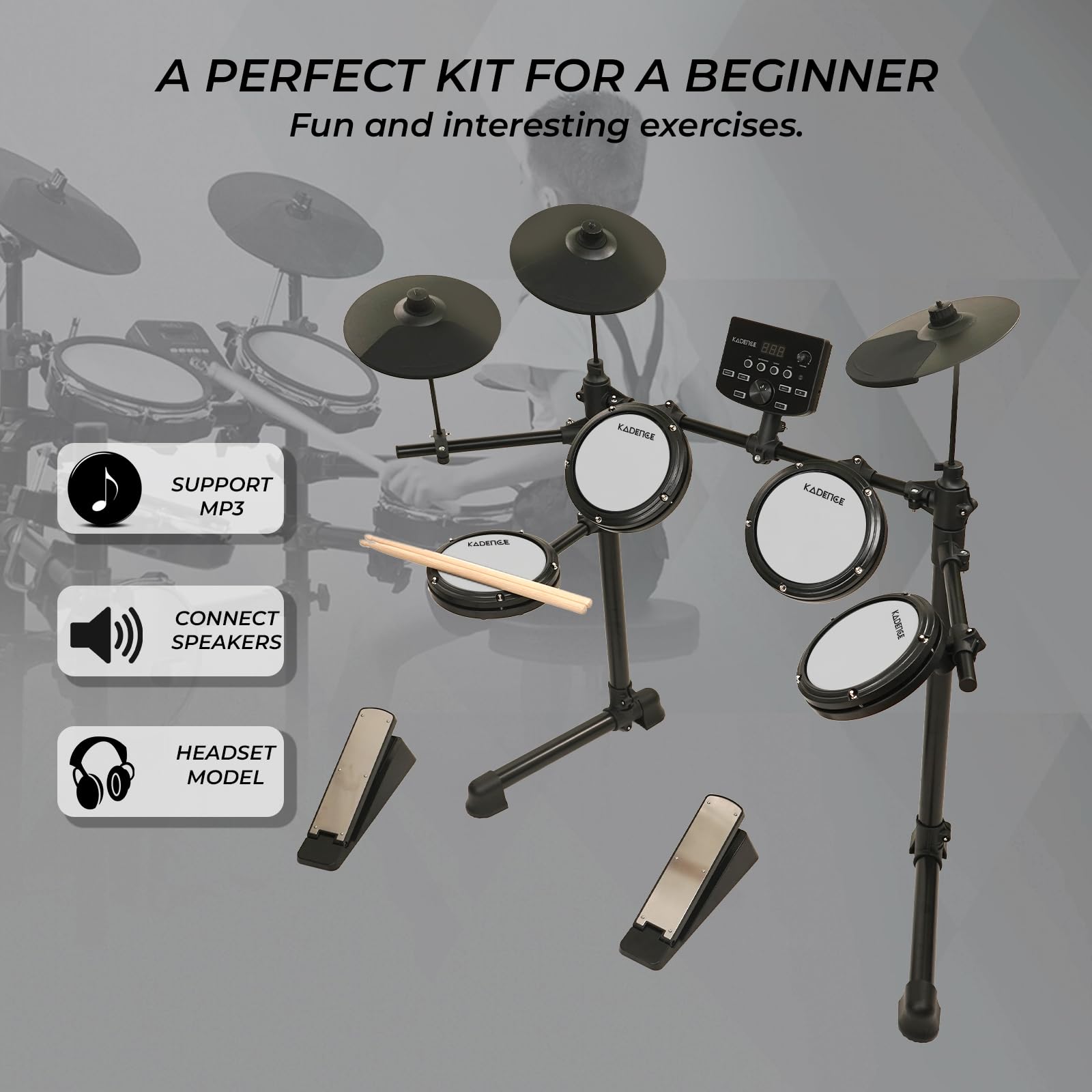 Kadence 7 Piece Electronic Drum Set, Electric Drum set for beginners with 4 quiet white mesh Drum Pads, Headphones, Drumsticks, 2 Pedals, Bluetooth And Led Display (MD200A) - Image 3 thumbnail