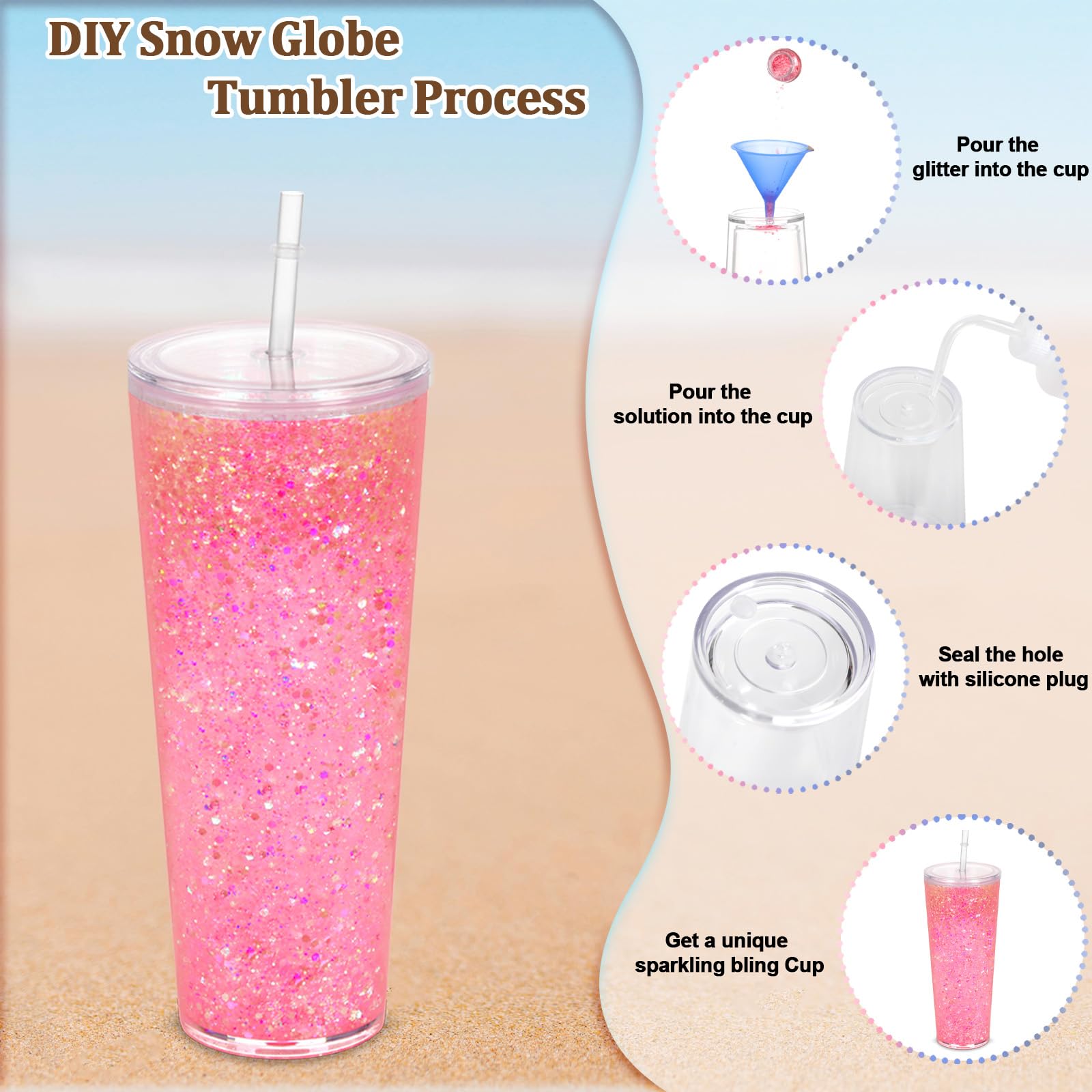 Paquete de 8 vasos de globo de nieve de 24 onzas, vaso de globo de nieve acrílico de doble pared con agujero preperforado, tapas, pajitas y enchufe, tazas reutilizables de acrílico transparente para