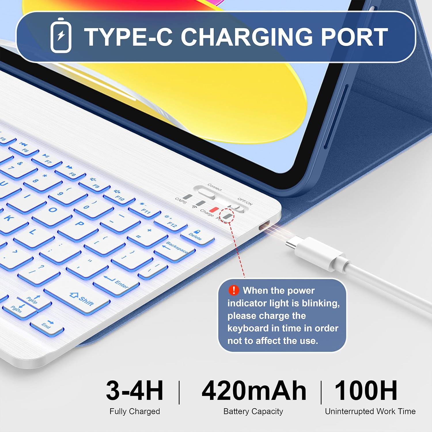 Soke Keyboard Case for iPad 11th(A16 2025)/10th Generation(2022),7 Color Backlight Wireless Detachable Keyboard Cover,Soft TPU Folio Stand with Pencil Holder for iPad 11/10.9 inch, Navy - Image 7