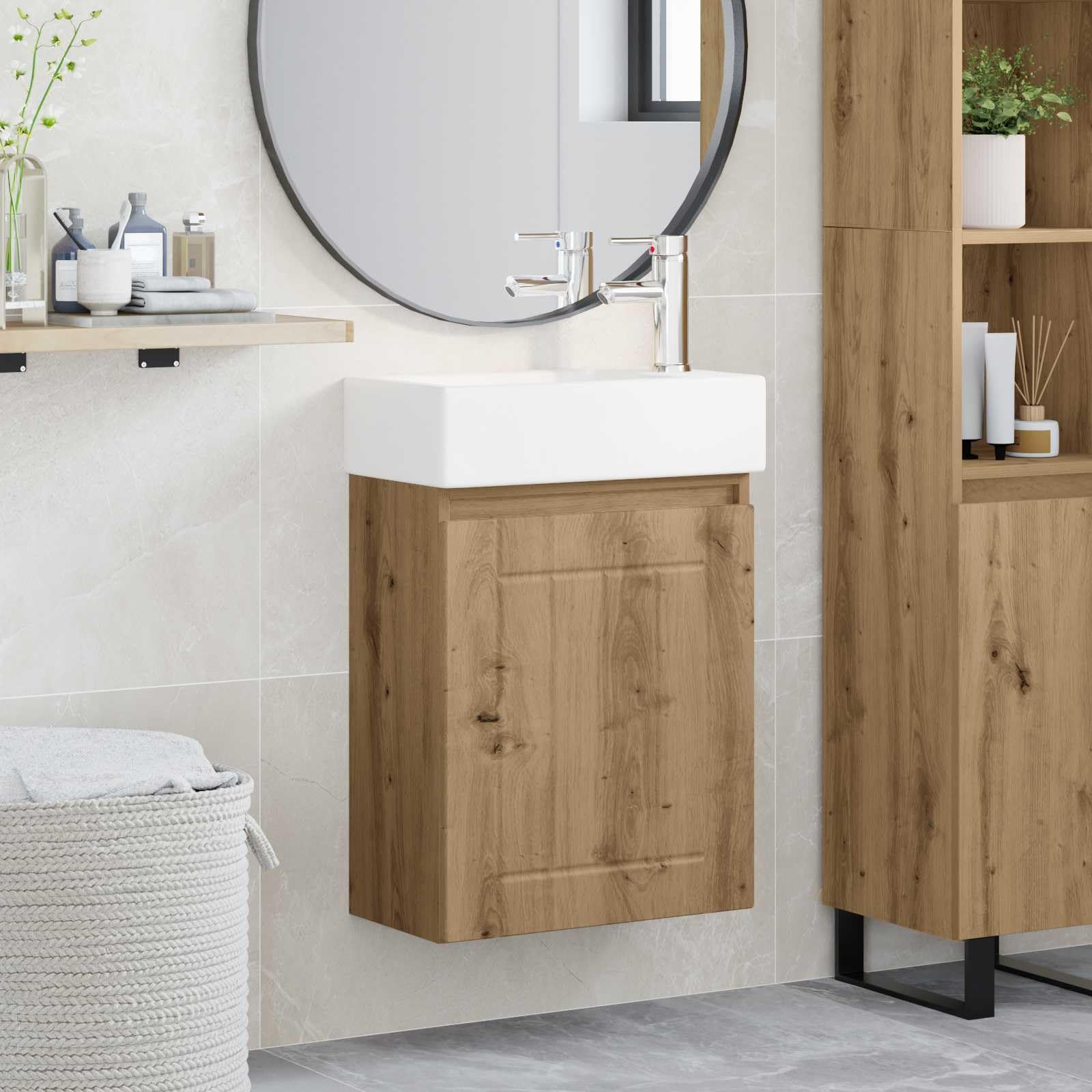 Fengshui Jednostka umywalkowa z kranem, dąb Artisan | Umywalka ceramiczna, montaż ścienny, drzwi odwracalne, odpływ push z przelewem, kran zimnej i ciepłej wody