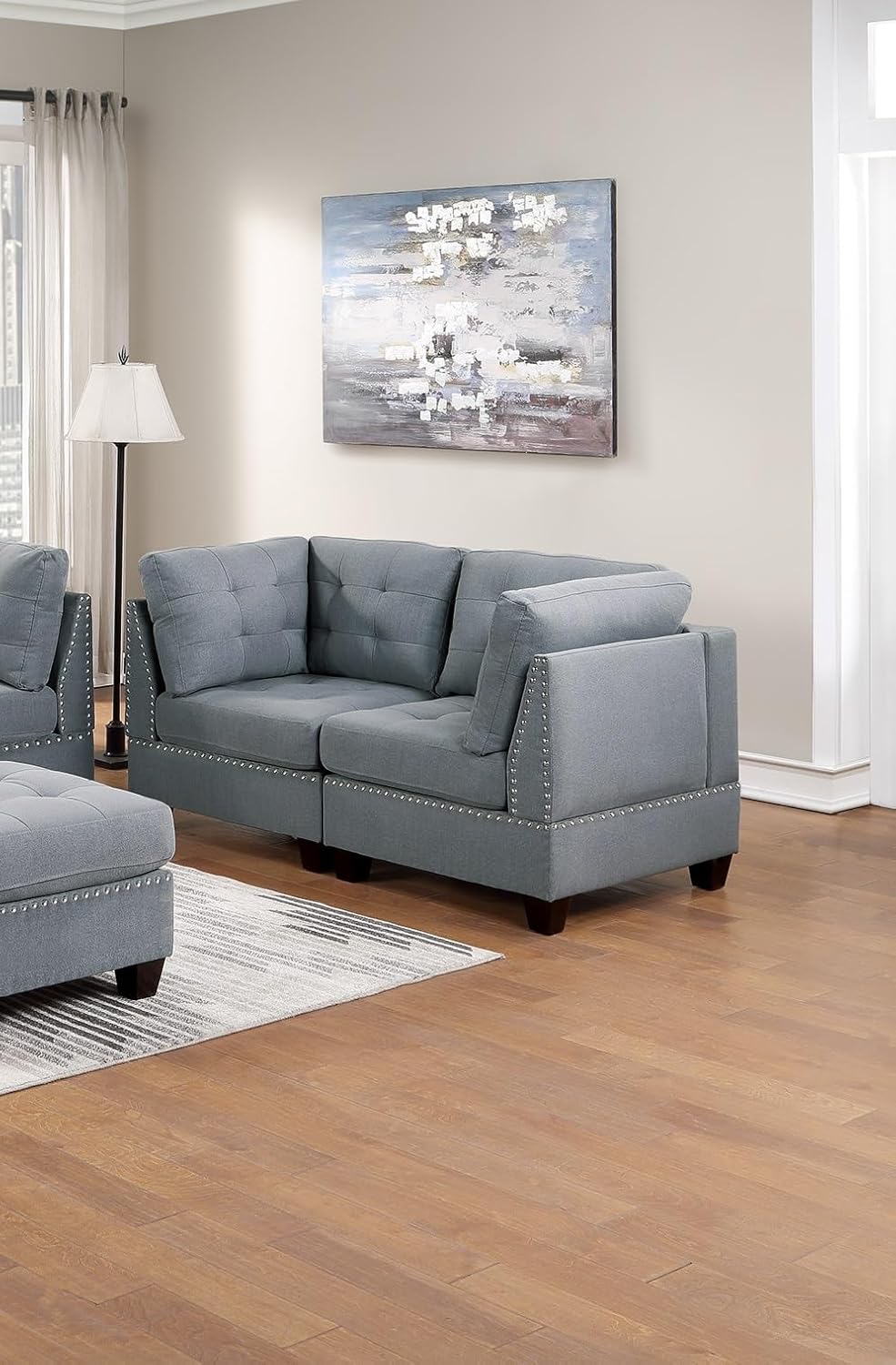 Modular Sofa Set 6pc Set Living Room Furniture Sofa Loveseat Tufted Couch Nail Heads Gray Linen Like Fabric 4X Corner Wedge 1x Armless Chair and 1x Ottoman