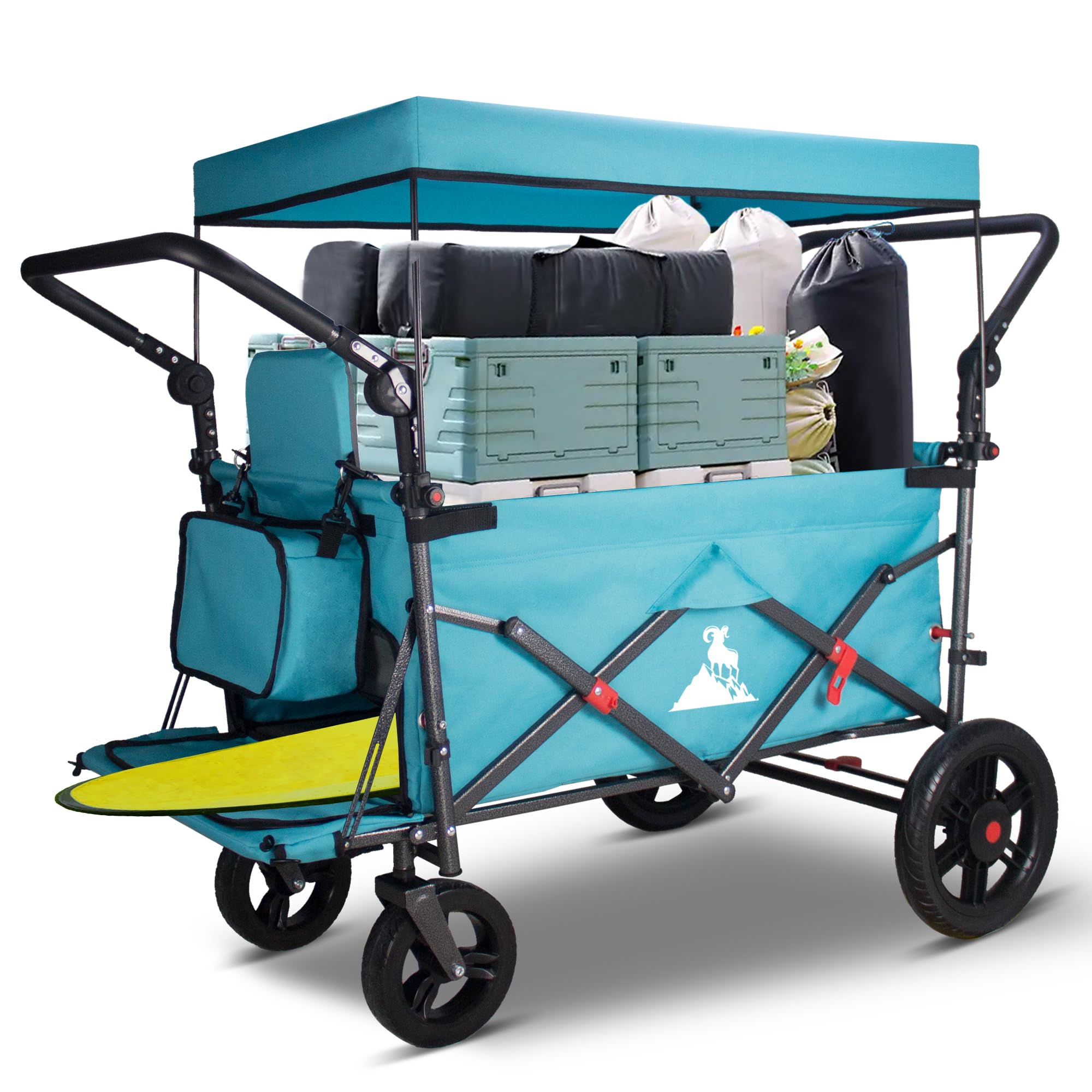 Topwell Turquoise/Grey Folding Handcart Trolley, Folding Camping Wagon With Canopy & 2 Folable Seats, Collapsible Beach Cart Foldable For Outdoor Garden Picnic Shopping 265Lbs Capacity ()