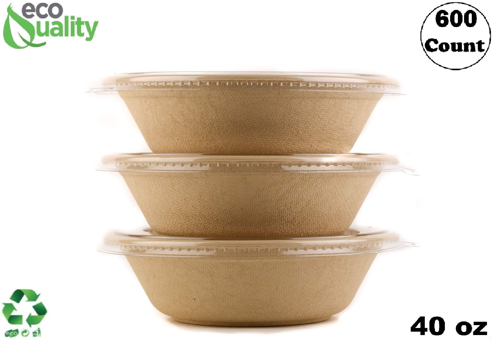 600 Count - EcoQuality 40oz Round Disposable Bowls with Lids Natural Sugarcane Bagasse Bamboo Fibers Sturdy Compostable Eco Friendly Environmental Paper Plastic Bowl Alternative Tree Free