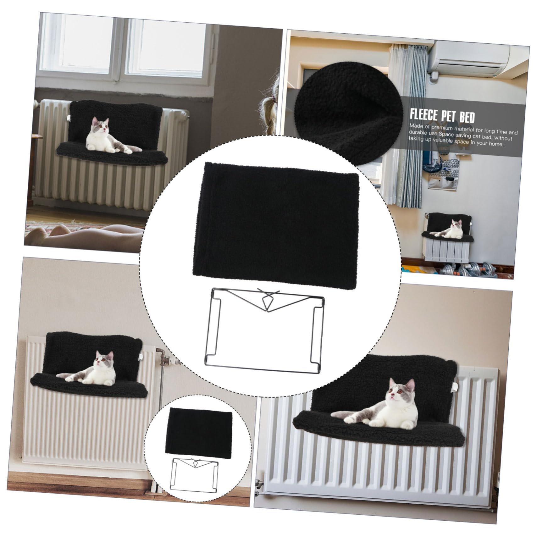 Hamaca para Gatos Colgante Estructura de Metal y Almohadón de Vellón Negro, Cama Cálida para Invierno Fácil de Almacenar y Desmontable