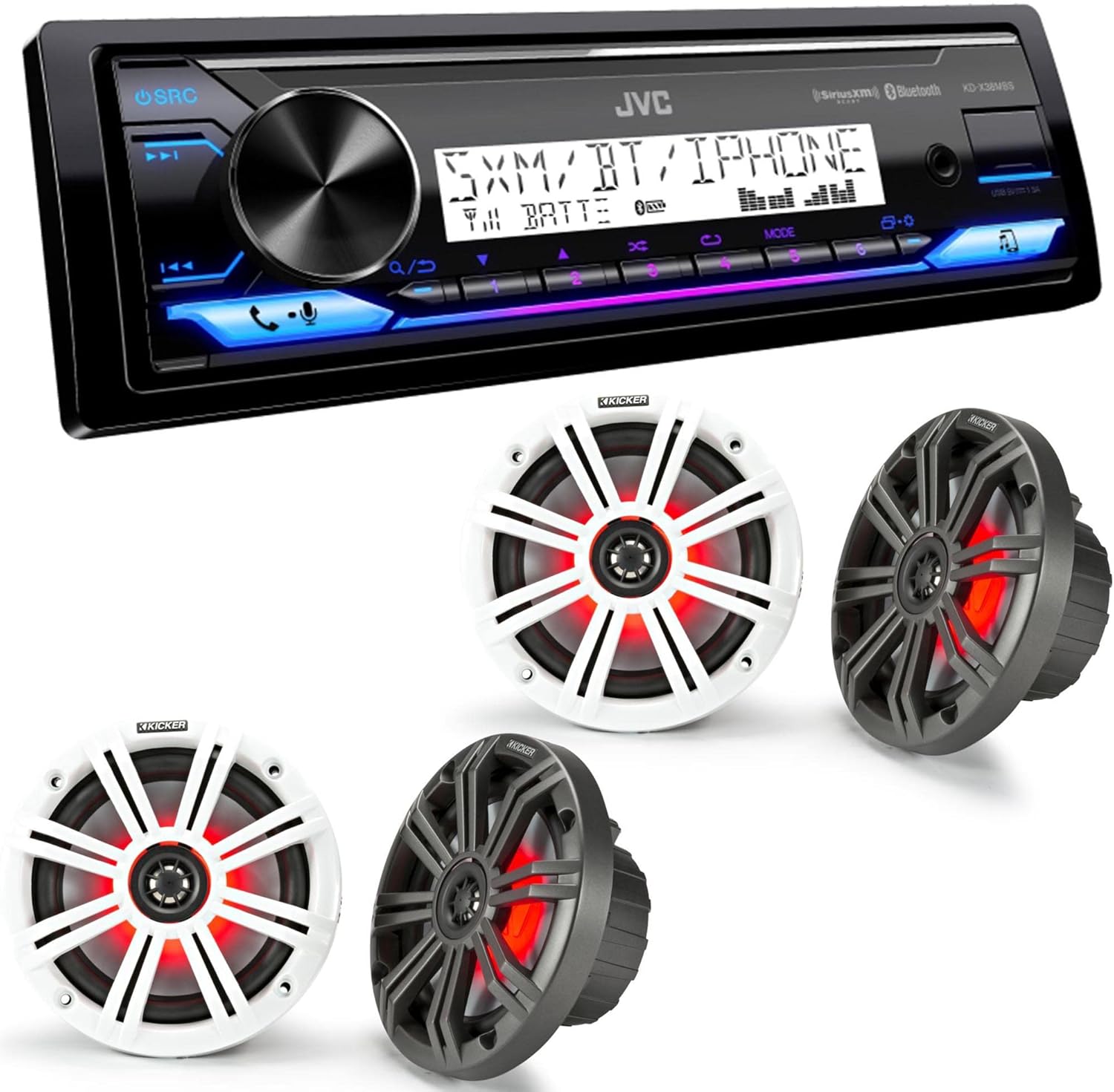 JVC KD-X38MBS Marine Digital Media Receiver with Bluetooth, USB, SiriusXM Ready, Conformal Coated PCB with 2 Pairs KM654L 6.5" Marine Coax Speakers w/RGB Lighting