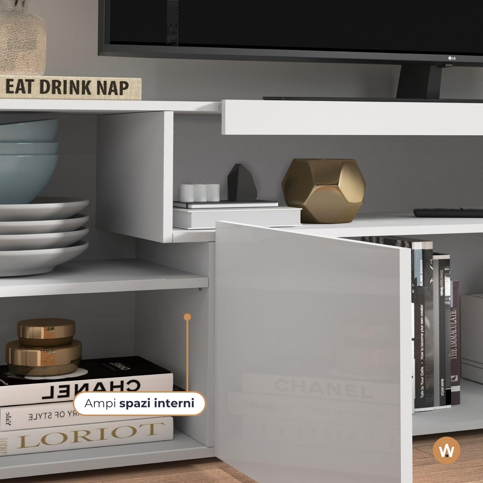 WHOUS Mobile Porta TV REAL per Soggiorno con 4 Ante, Mobile Tv per Salotto in Legno, 240x40x60 cm, Bianco Lucido