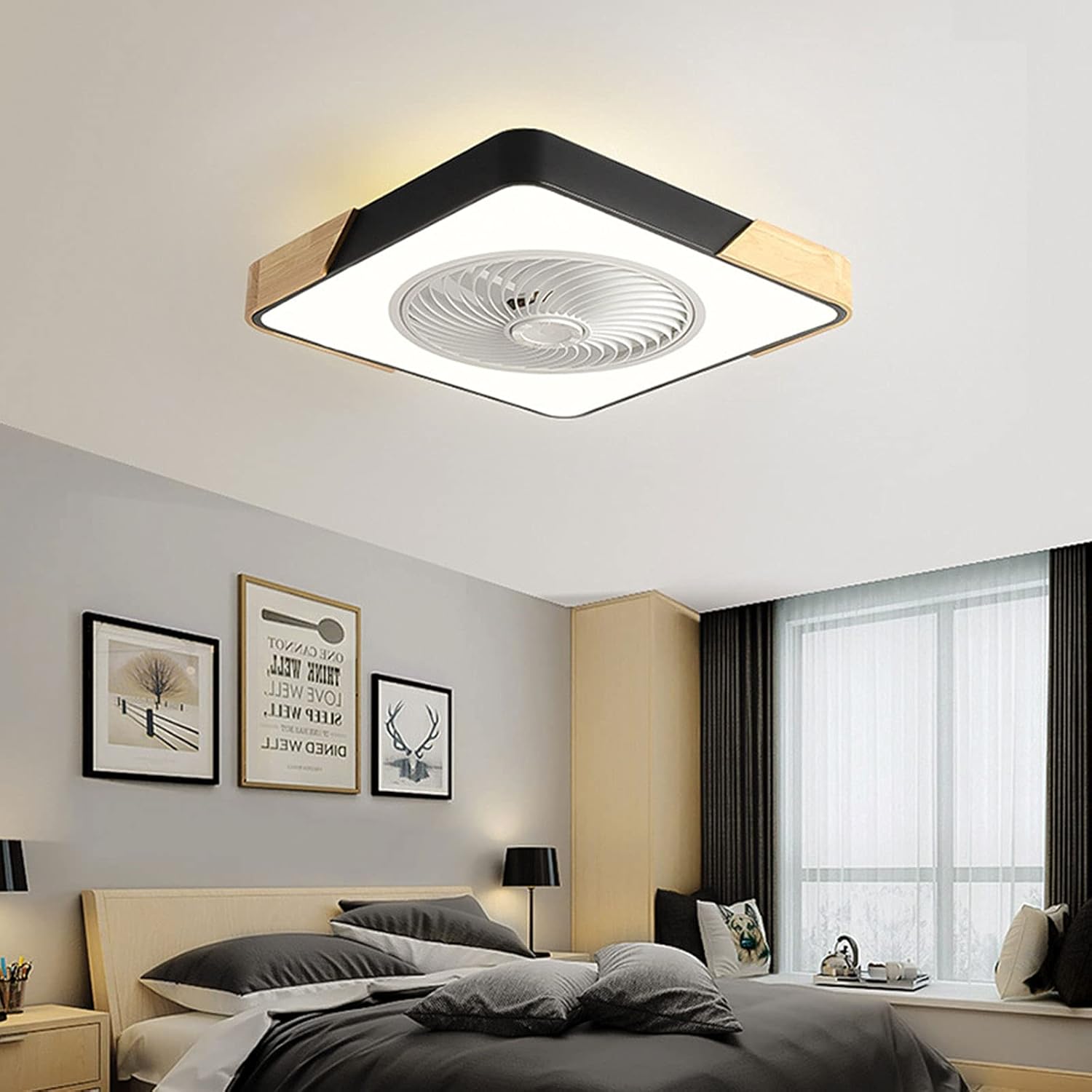 22 Inch Modern Ceiling Fan with Light for Indoor Kitchen Bathroom Bedroom,Remote LED 3 Color Changing Low Profile Flush Mount Quiet Fandelier with 5 ABS Blades (Square- Black)