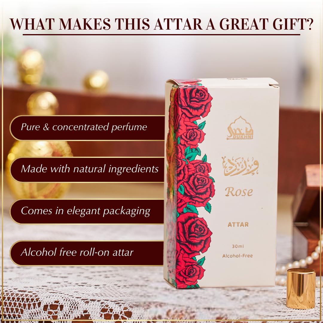 Dukhni Rose Attar Oil 30ml roll on perfume, Arabic fragrance oils for men and women | Original rose, pure concentrated floral scent | Eid, Ramadan, Umrah Gifts, Vegan Islamic Fragrances - Image 5