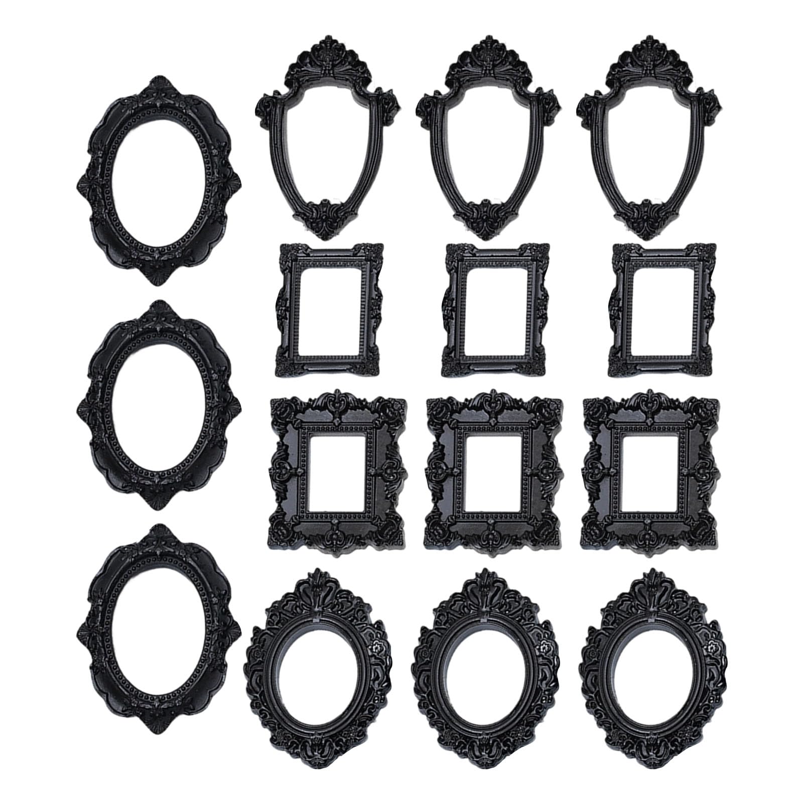 Buxuaaaa Black Assorted 15Pcs Resin Miniature Photo Frame With Intricate Floral Carvings Ideal For Artistic Craft Creation Home Decors Resin Miniature Photo Frame Set
