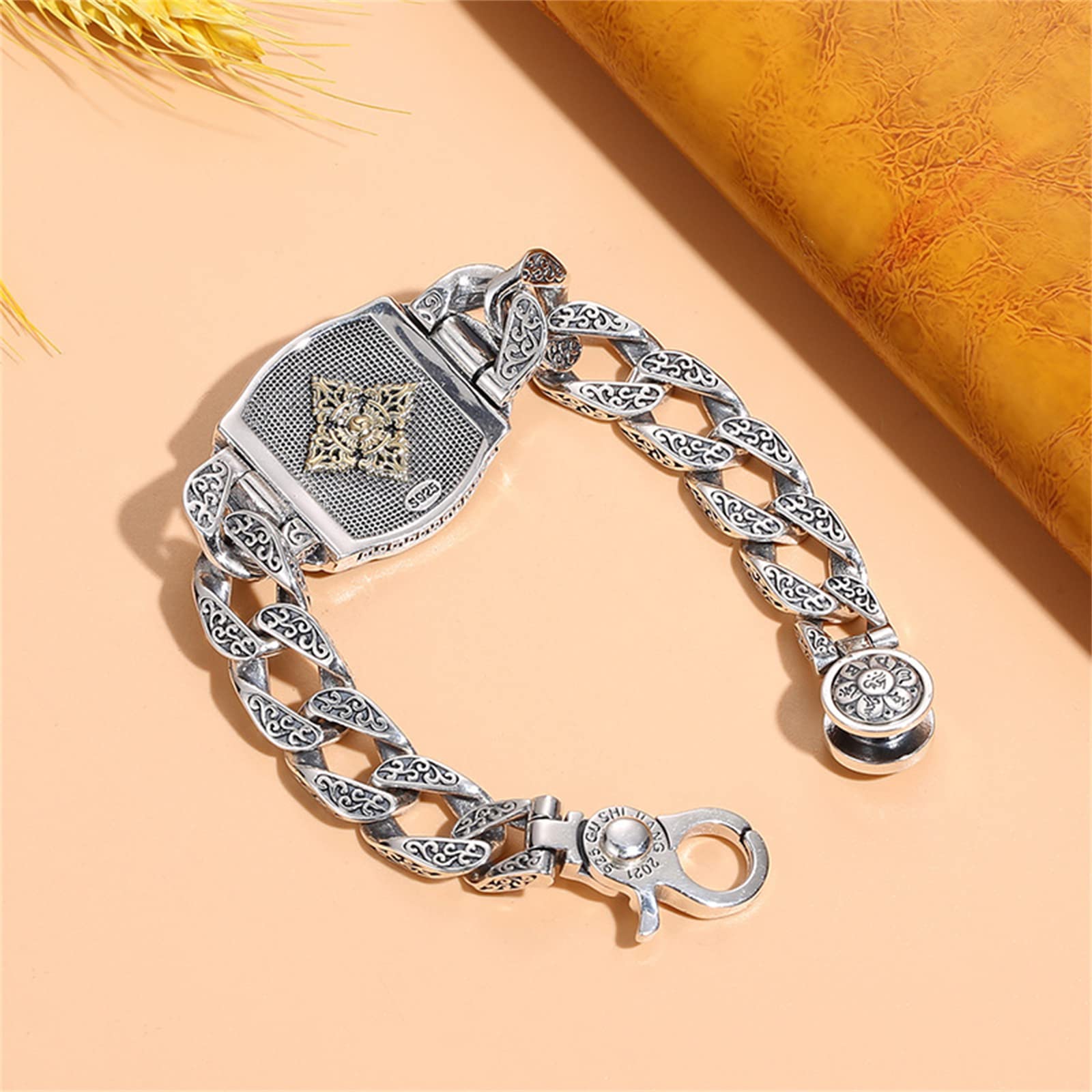 Brazalete taoísta Jiugong Bagua plata ley S925, brazalete plata ley vintage gótico para hombre, Plata, 20 cm