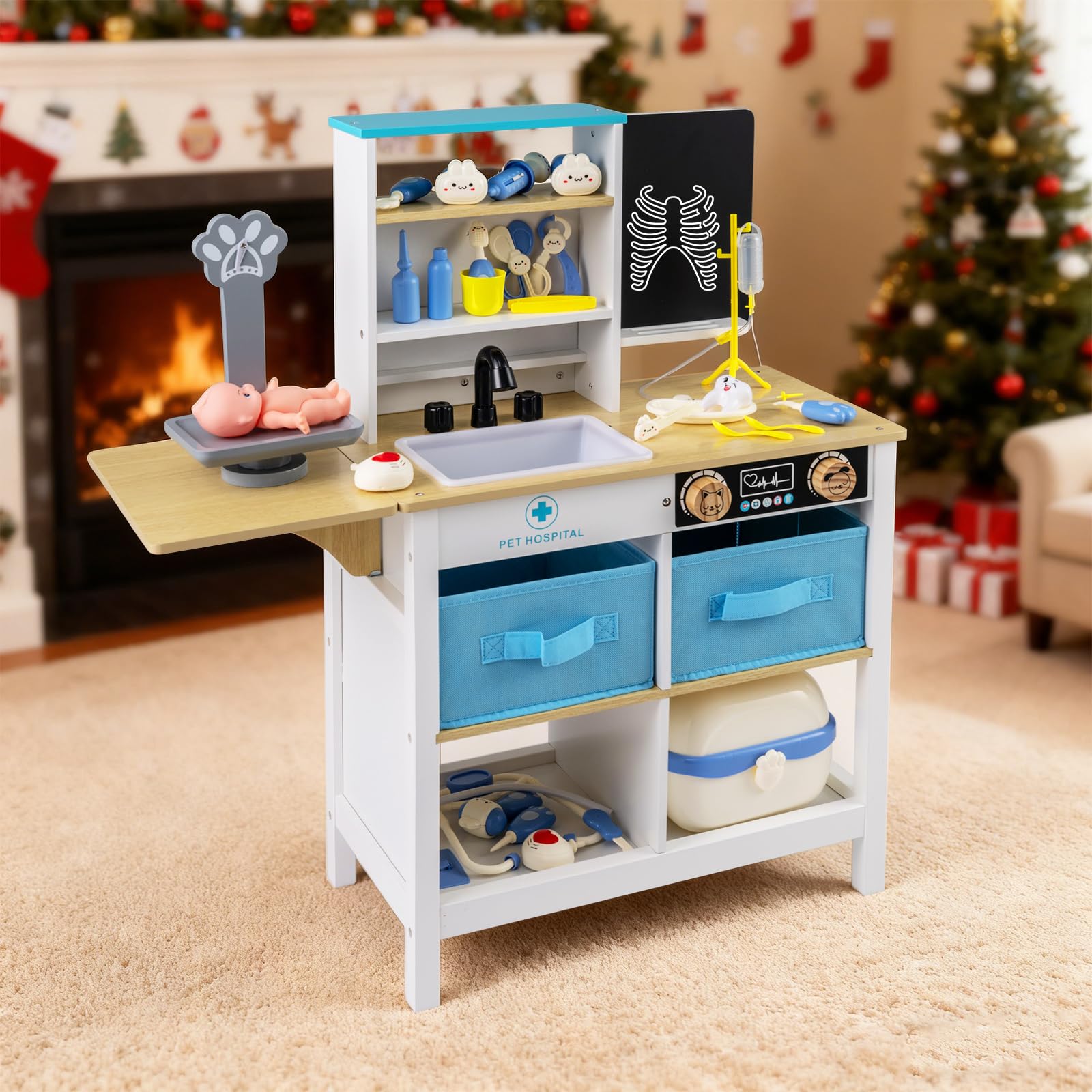 COSTWAY Kit Medico Giocattolo in Legno, Centro Veterinario Pieghevole con Bilancia Animali e 22 Accessori, Gioco Educativo Simulazione Dottore, Regalo per Bambini 3-6 Anni (Bianco)