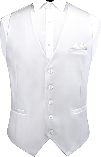 GUSLESON Mens Suit Vest and Pocket Square Set Business Formal Dress Waistcoat Vest with 3 Pockets
