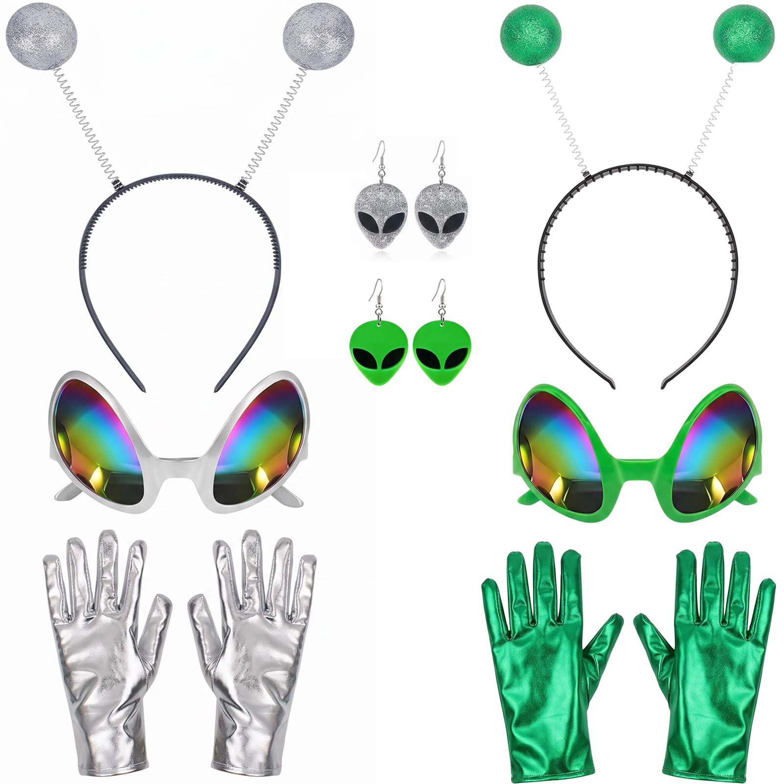 ZPSCXQ 8pcs Alien Set,Glasses Costume Glitter Ball Boppers Headband Costume Gloves Alien Earrings Halloween Party Favor Supplies for Adult Halloween(Green,Silver)