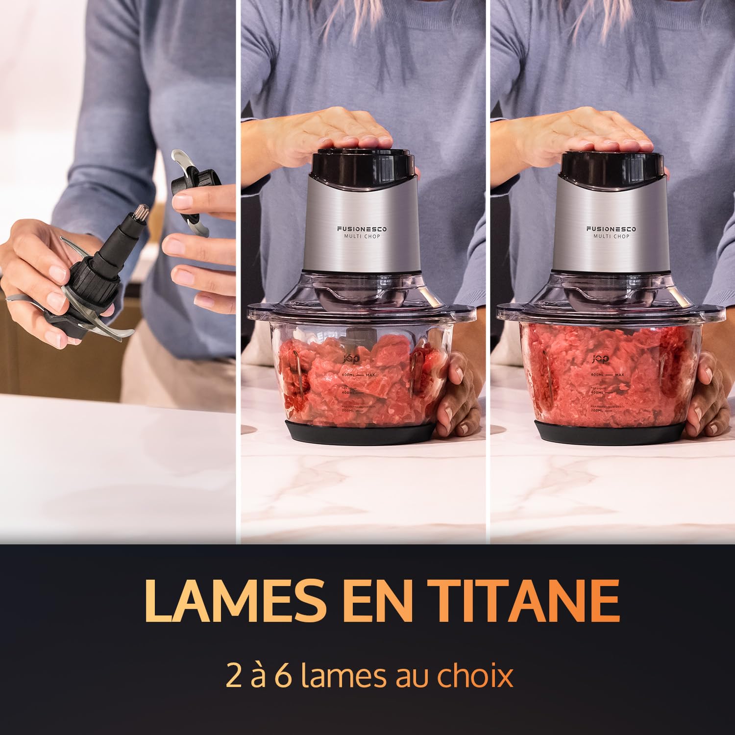 JAP Multi Chop Hachoir Électrique - Hachoir a viande - Blender - Mixeur soupe - Pour Hacher Viande, glaçons, Oignon, Herbes, Fruit Sec Rapide et Sans Efforts - 1.2L, 400W - Avec 6 lames en titane