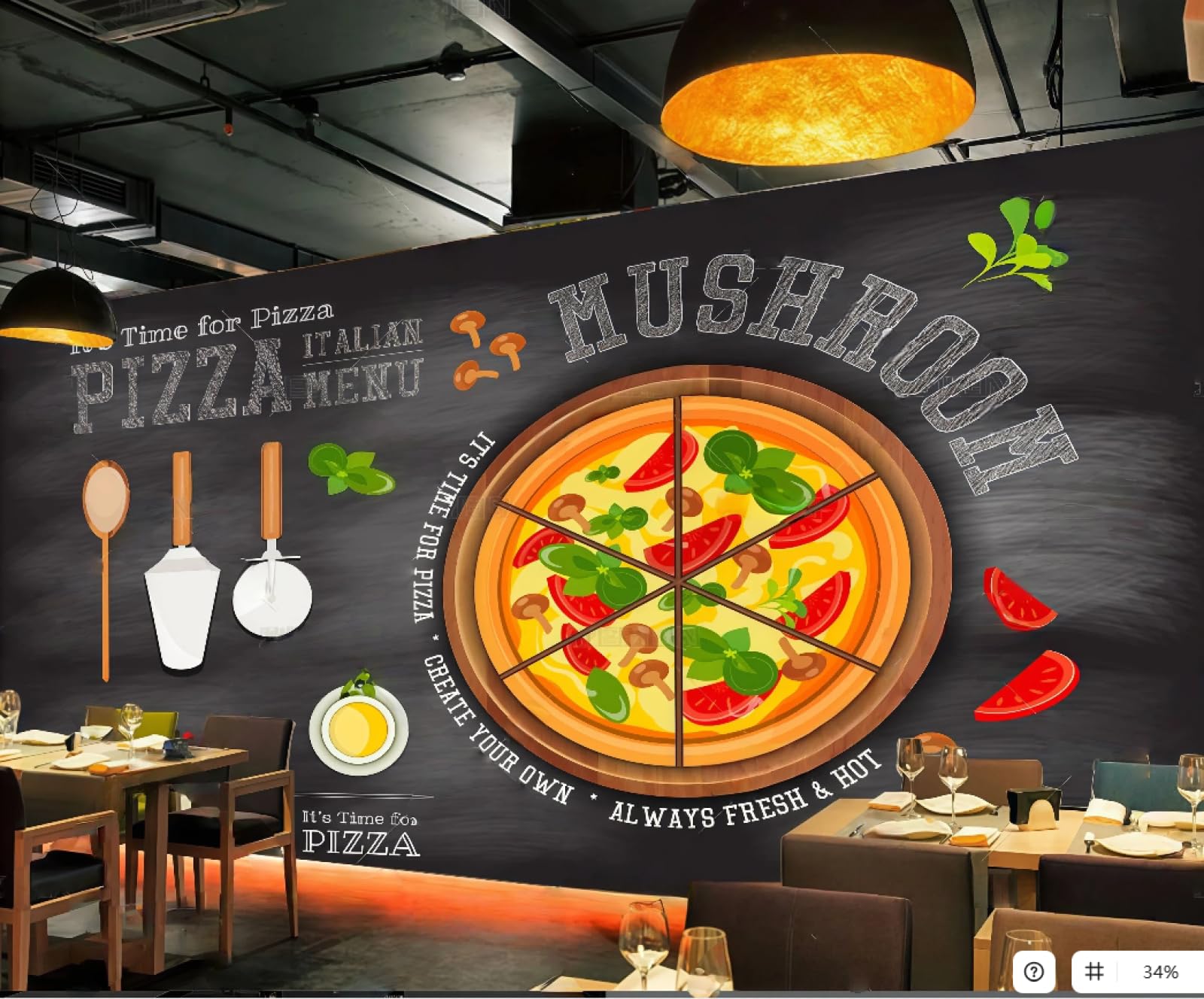 XDOUBAO Wallpaper Fashion Blackboard Hand-Painted Delicious Cuisine Pizza Shop Afternoon Tea Western Restaurant Background Wall Wallpaper Coffee Shop Mural,3D,300x210cm