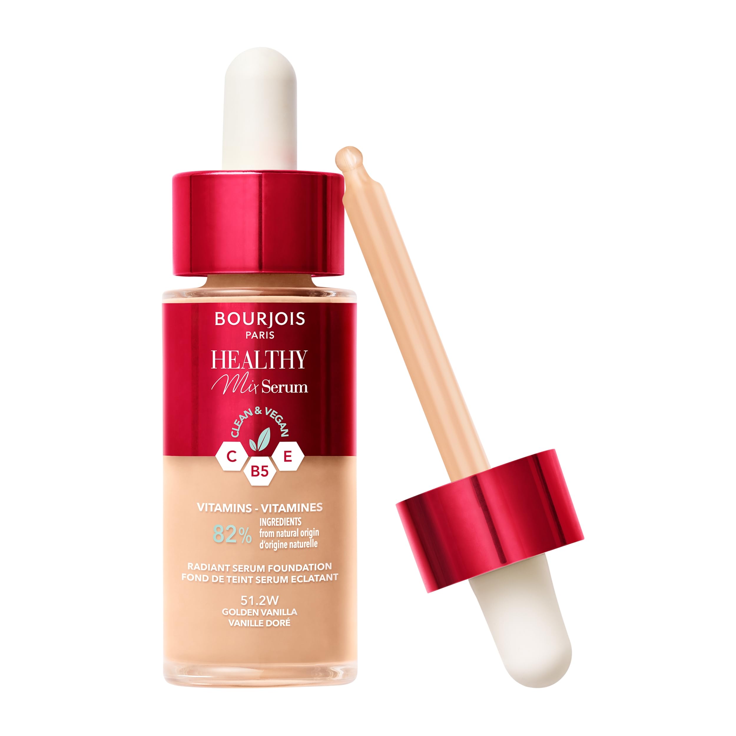 Bourjois Healthy Mix - 51.2W - Golden Vanilla, Serum Foundation, Instant Radiance, Up to 24 Hours of Hydration, Vegan Formula, Dewy Finish, Lasts All Day, 30ml (1oz)