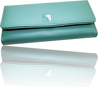 محفظة جلدية للنساء بتصميم كوري عصري باللون الأخضر مع حجرات متعددة و فتحات للبطاقات و حامل للعملات