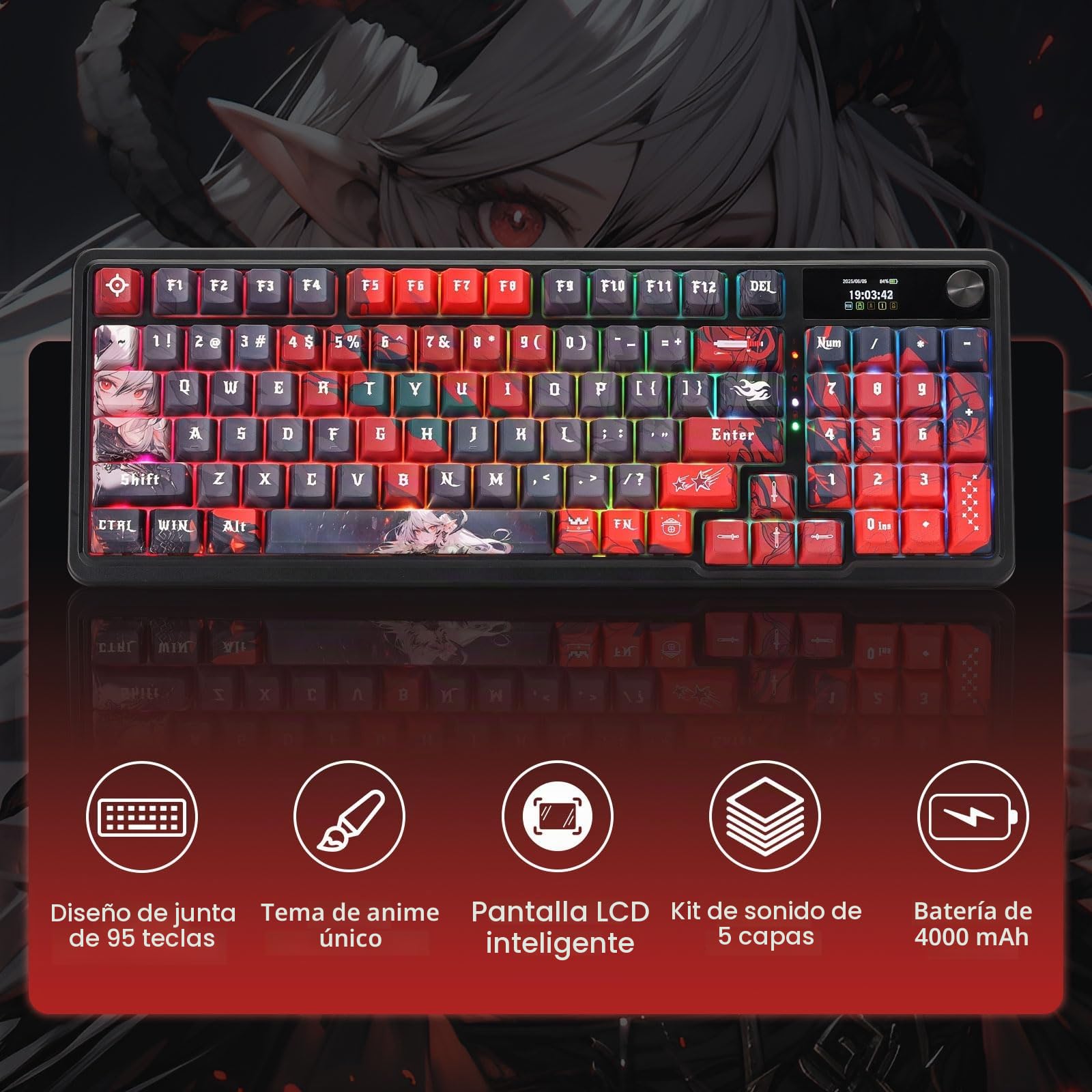 Redragon K719 PRO - Teclado inalámbrico para juegos con pantalla Hype y perilla, teclado mecánico de 95 teclas, pantalla de información TFT de fácil control de 1.14 pulgadas, amortiguación de ruido de