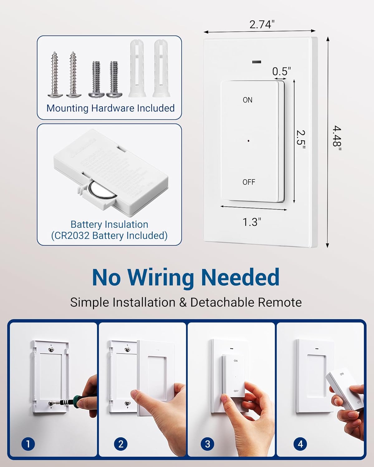 DEWENWILS Remote Control Light Socket, Wireless Light Switch for Pull Chain Light Lamp Fixtures, 100FT Range, No Wiring Needed, ETL Listed(1 Wall Mounted Controller+1 Bulb Base, Shorter Version)