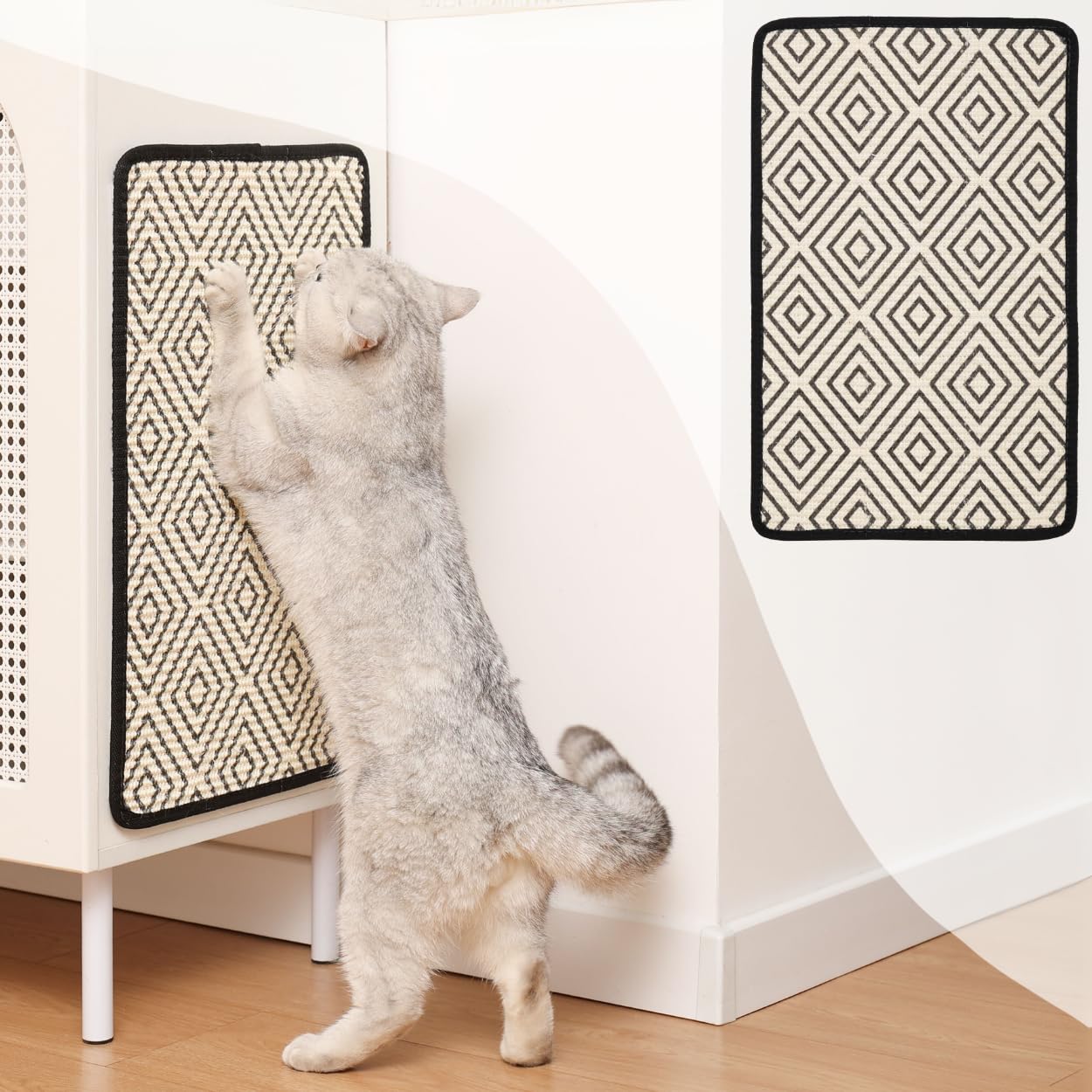 Boho Sisal Scratcher Mat with Adhesive Strips (Scratch Protector for Carpet, Sofa, Wall, Furniture), Durable and Shedding-Resistant Scratching Lounging Surface for Cats and Rabbits (13x21.7, Diamond)