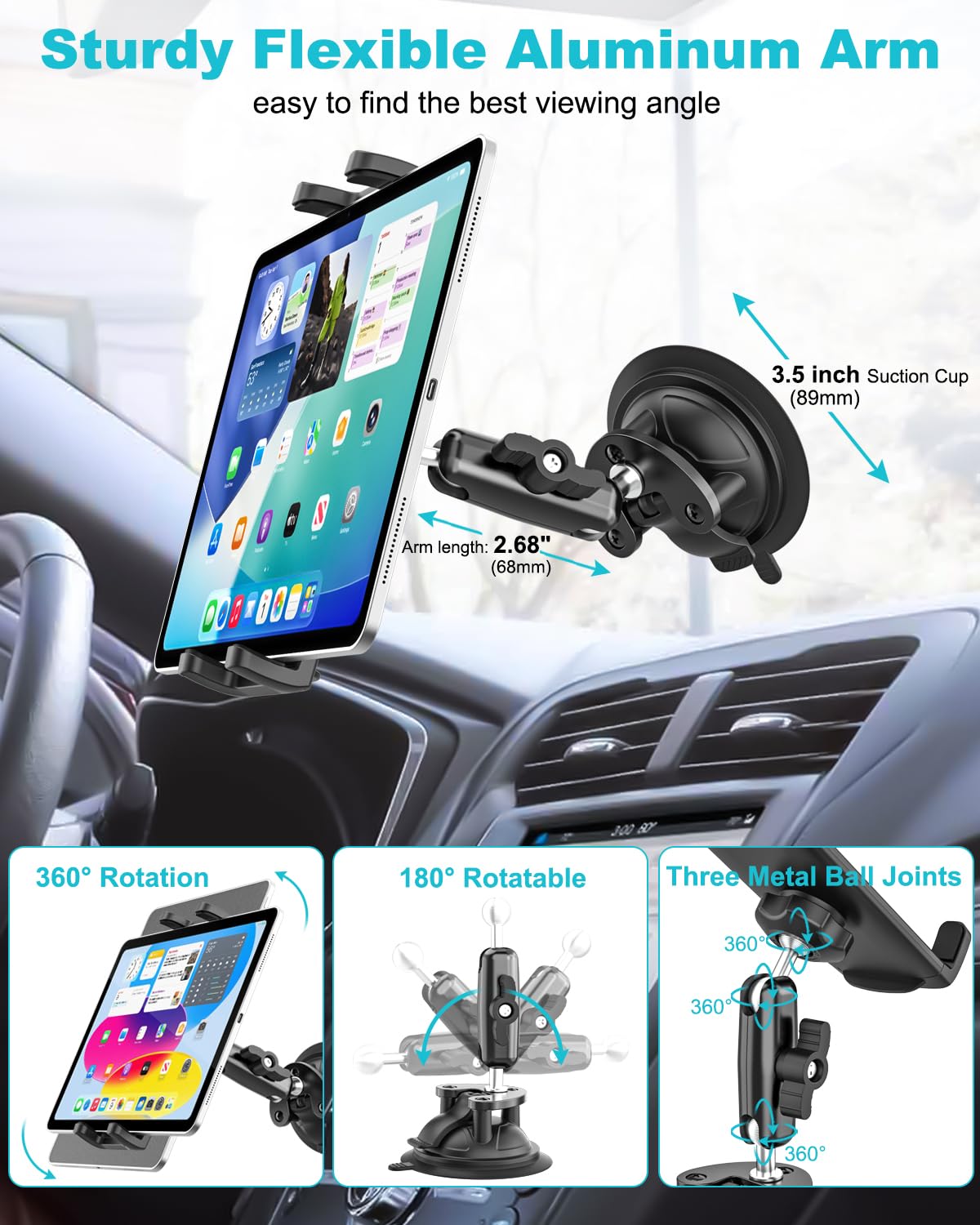 Supporto Tablet Pilota, Universale Ventosa Forte - Supporto Tablet Parabrezza Aereo, Rotazione a 360° Porta per iPad Mini 7 6 5 4, iPad Pro 12.9 11 Air, Galaxy Tab, Tab M10 M11, iPhone, 4~13"