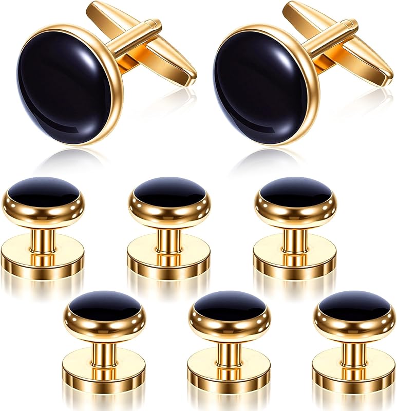 8 Pcs Cufflinks for Men Stainless Steel Tuxedo Studs Classic Black CuffLinks Tuxedo Studs Buttons Round Wedding Cufflink for Mens Formal Kit Business or Wedding Shirts