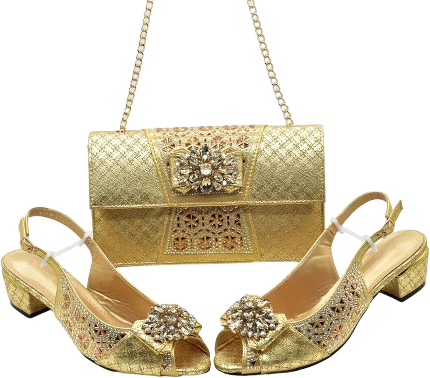 Womens Shoes Bag Set Rhinestone Medium Heel Pumps Matching