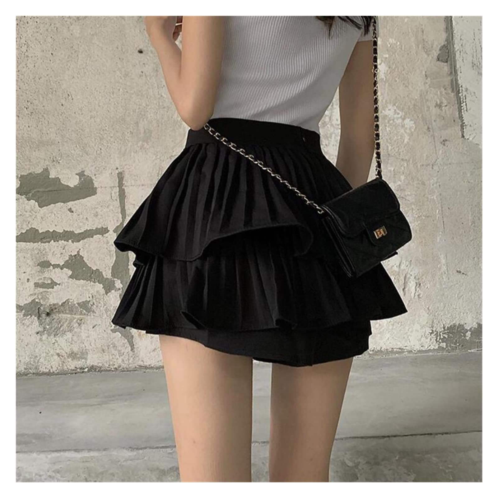 Summer Women's High Waist Double Pleated Skirt Sexy Girly Black
