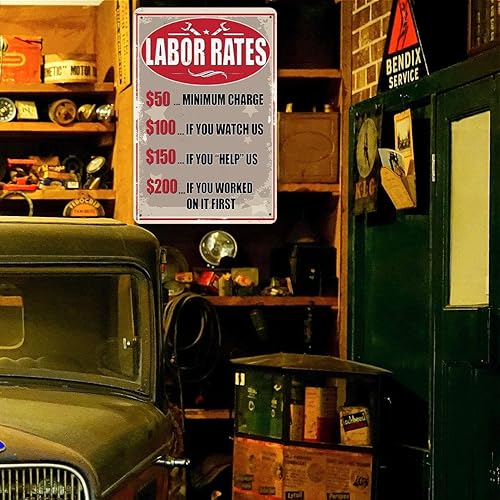 Miniatura 6 de Tasas laborales Letrero de estaño Divertido Mecánico Tienda Letreros de Metal Mecánico Señal de tarifa por hora Mecánico Decoración de tienda Garaje