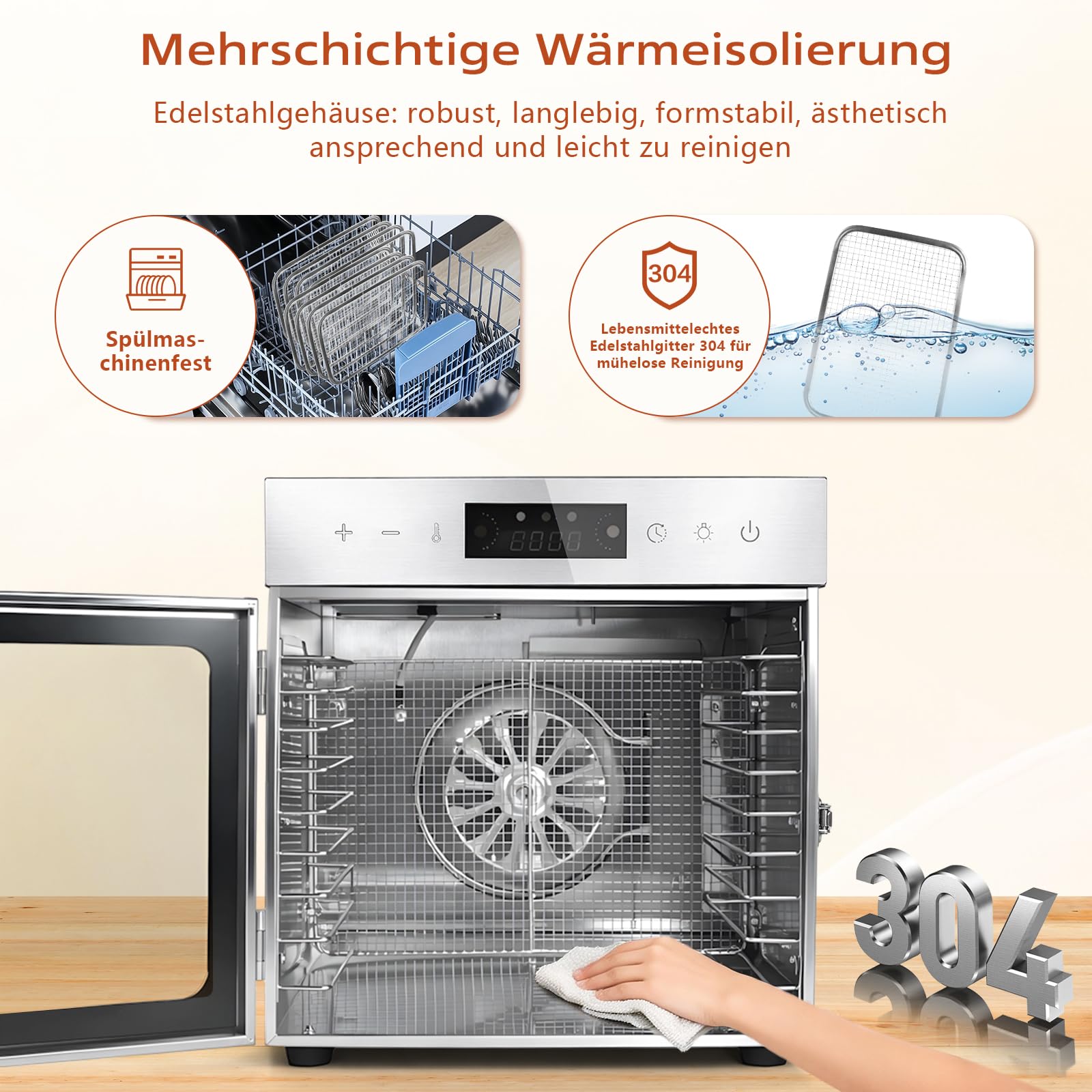 Dörrautomat Edelstahl mit 8 Stainless Steel Grids und 8 er Dörrfolie, BPA-frei, Einstellbare Temperatur von 35–90°C, Für Obst, Gemüse, Fleisch und Kräuter, Inklusive Rezeptbuch