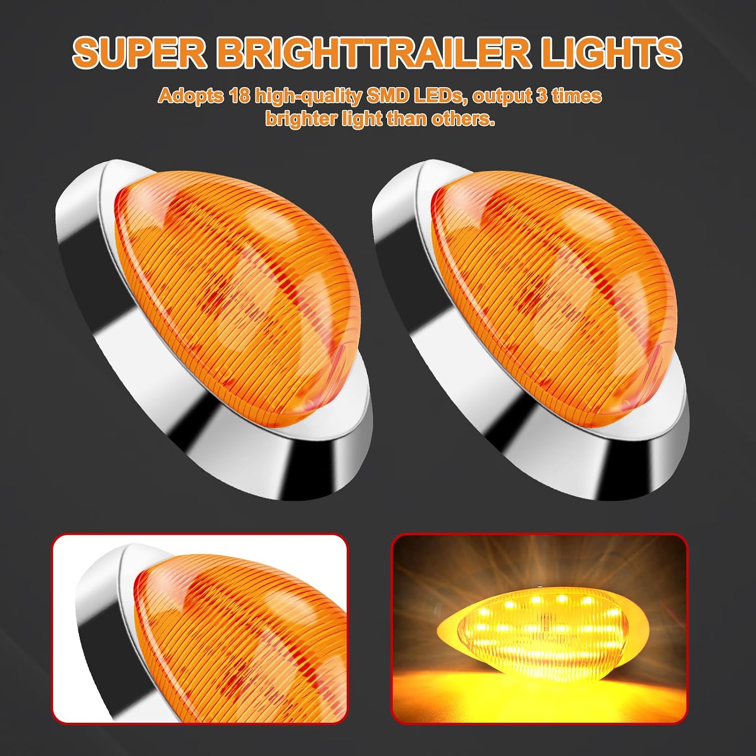 2Pcs 6" Amber Lens Amber LED Side Marker & Turn Signal Light, 18 LED Oval Sleeper Cab Clearance Light for Freightliner Century/Columbia, Universal Truck Trailer, Surface Mount, Chrome Bezel