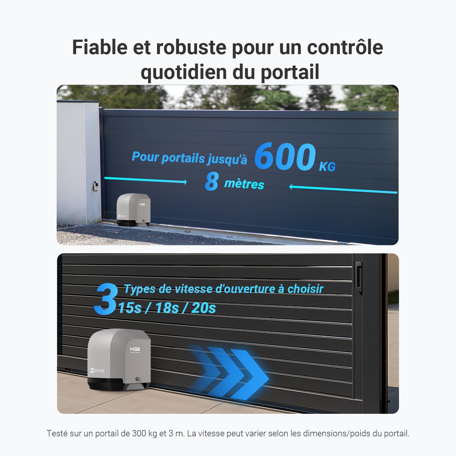 EZVIZ Moteur Portail Coulissant 600 kg,Ouvre Portail Auto HG2 600 Pro | Vantaux Max 8m, Caméra 2K d'Alarme,Détection d'Obstacles,Batterie de Secours,Télécommandes&Contrôle APP, Facile à Installer